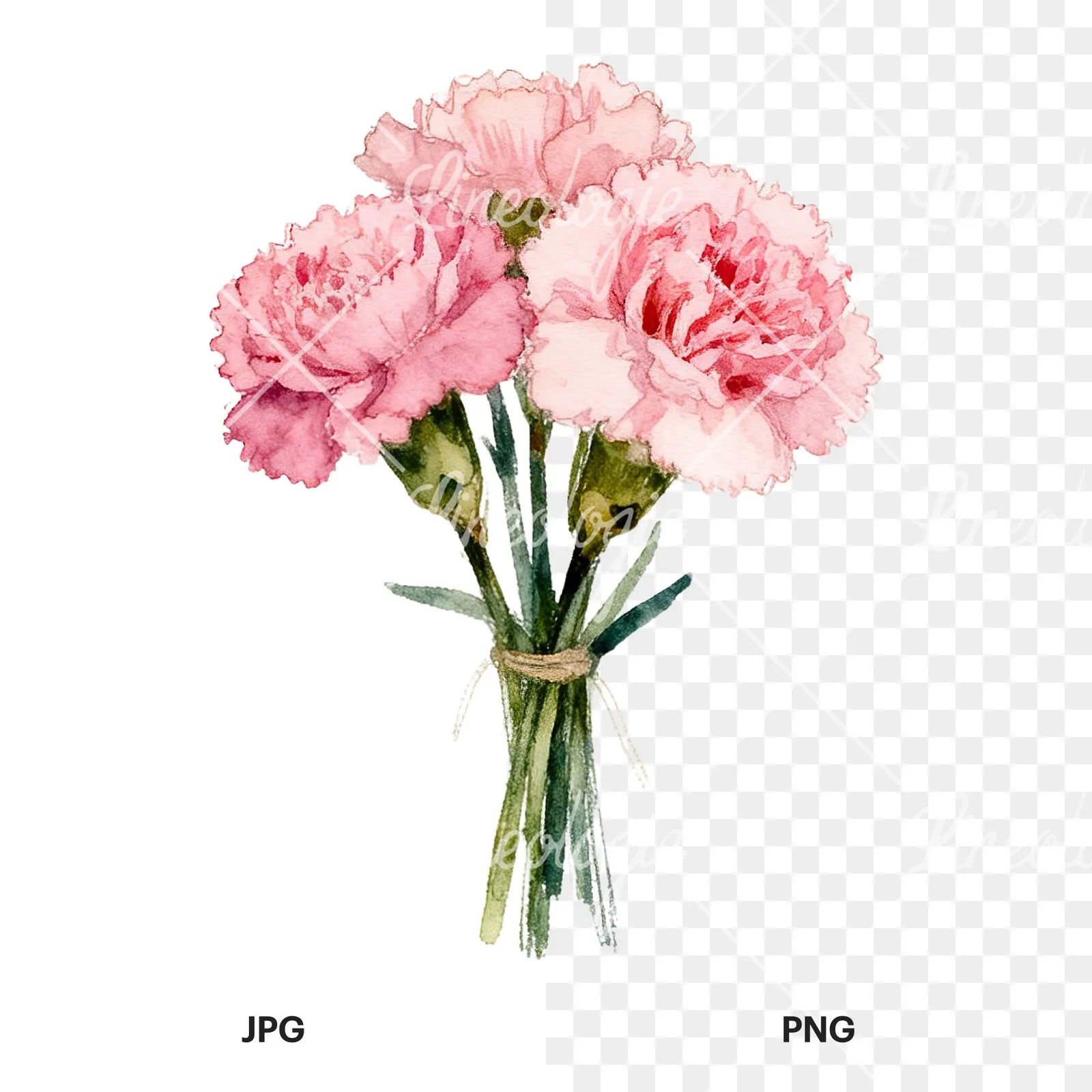 Watercolor loose pink carnation bouquet clipart 1 of 9, as a JPG on white and a transparent PNG