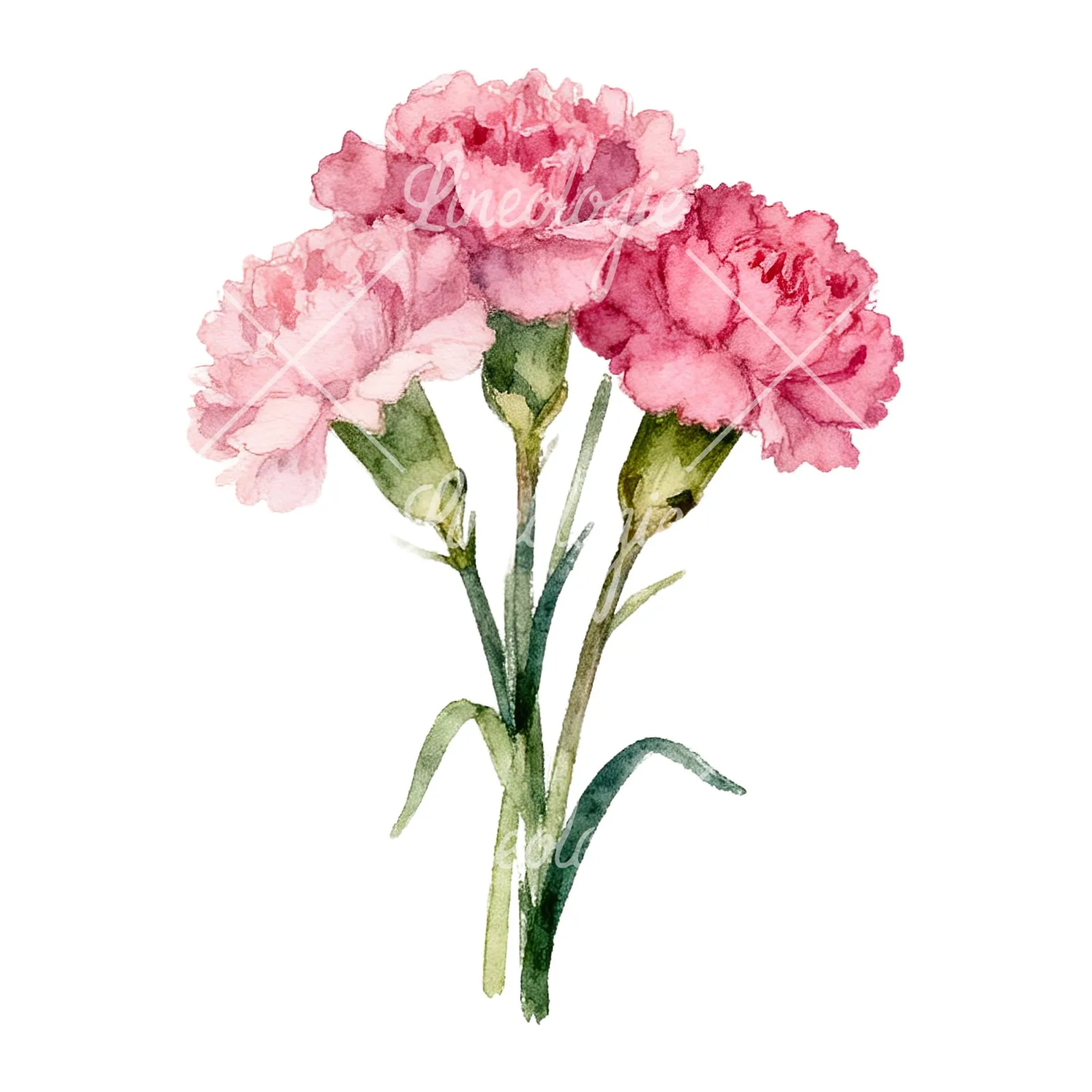 Watercolor loose pink carnation bouquet clipart 2 of 9 on a white background (JPG)