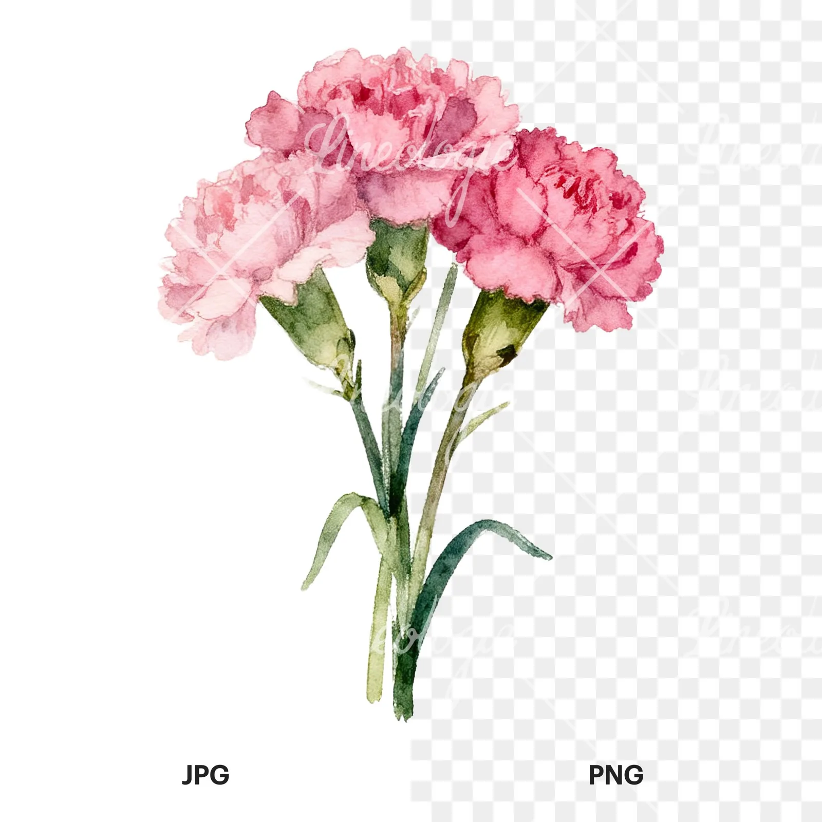 Watercolor loose pink carnation bouquet clipart 2 of 9, as a JPG on white and a transparent PNG