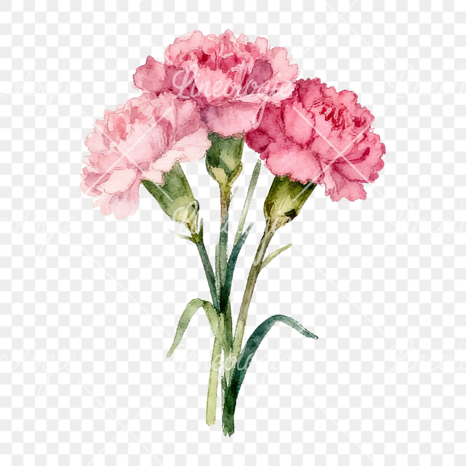 Watercolor loose pink carnation bouquet clipart 2 of 9 on a transparent background (PNG)