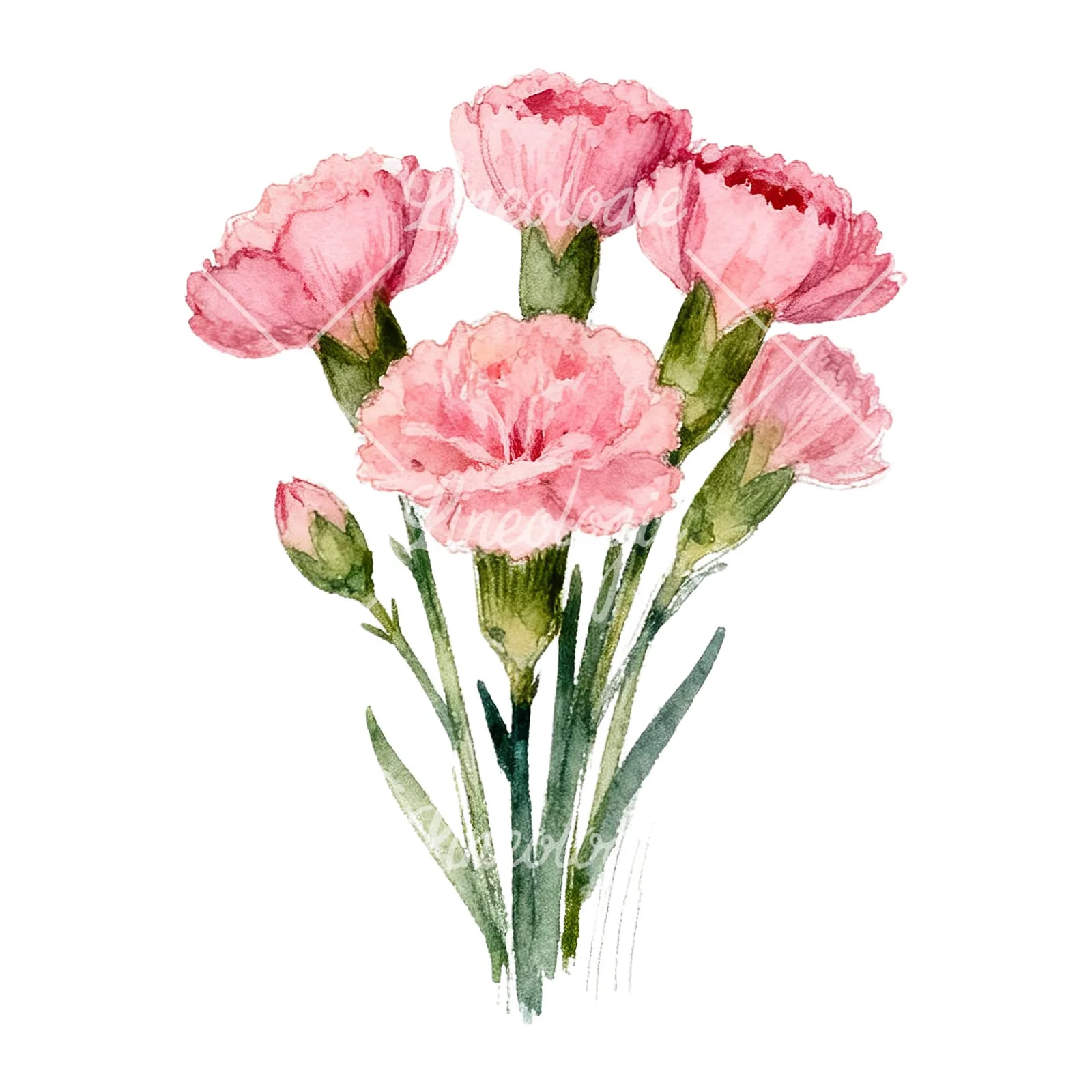 Watercolor loose pink carnation bouquet clipart 3 of 9 on a white background (JPG)