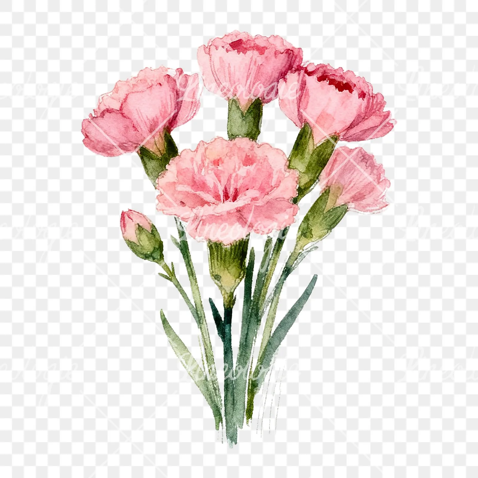 Watercolor loose pink carnation bouquet clipart 3 of 9 on a transparent background (PNG)