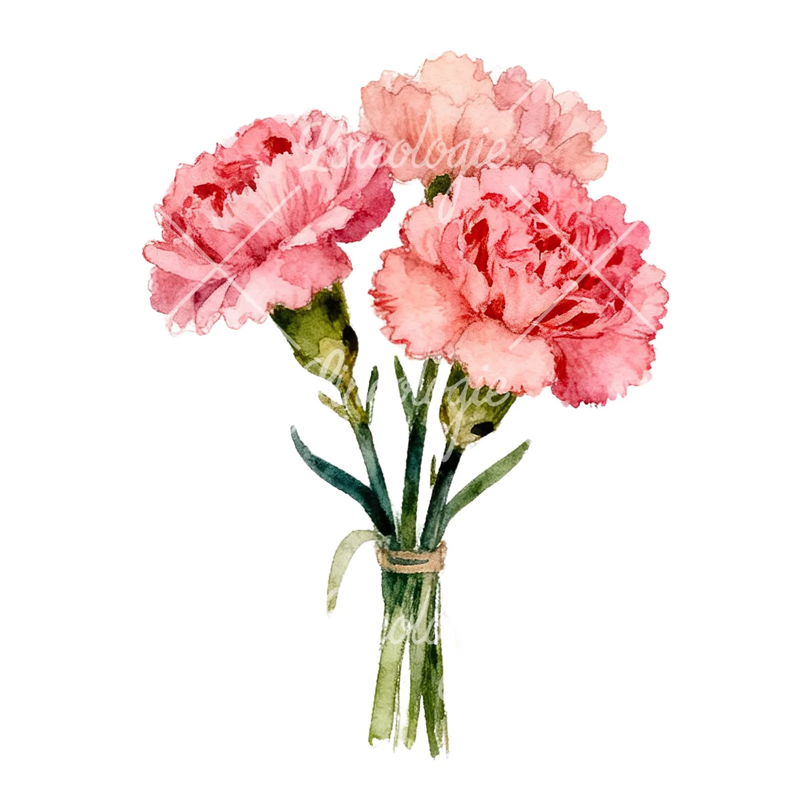 Watercolor loose pink carnation bouquet clipart 4 of 9 on a white background (JPG)