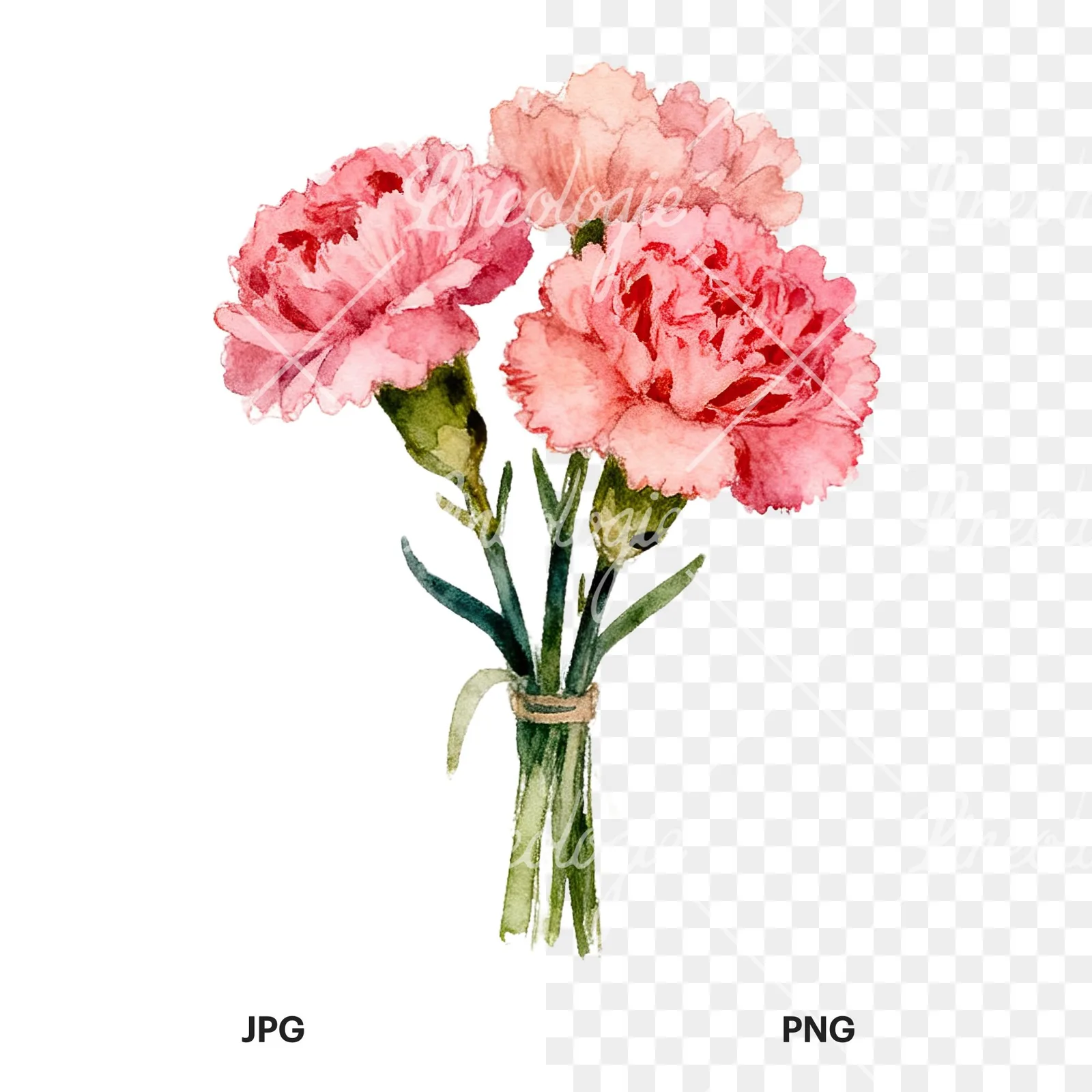 Watercolor loose pink carnation bouquet clipart 4 of 9, as a JPG on white and a transparent PNG