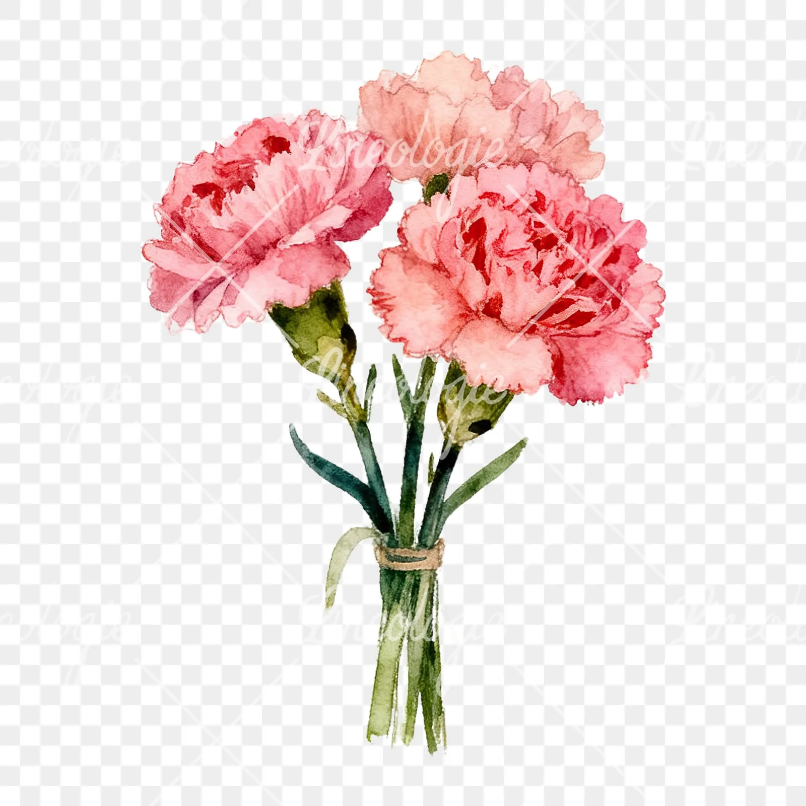 Watercolor loose pink carnation bouquet clipart 4 of 9 on a transparent background (PNG)