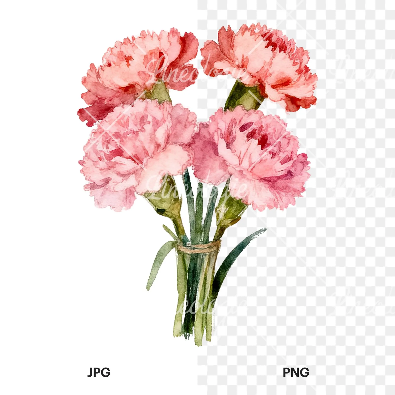 Watercolor loose pink carnation bouquet clipart 5 of 9, as a JPG on white and a transparent PNG