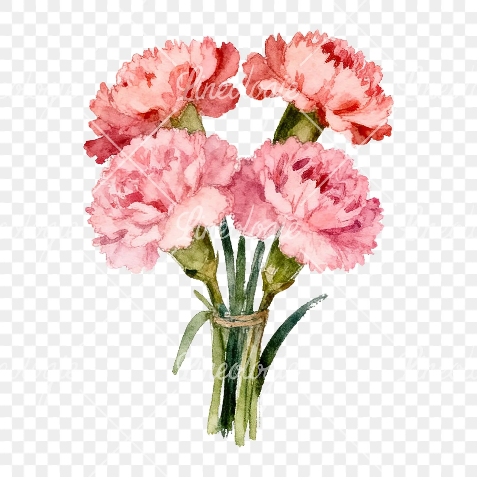 Watercolor loose pink carnation bouquet clipart 5 of 9 on a transparent background (PNG)