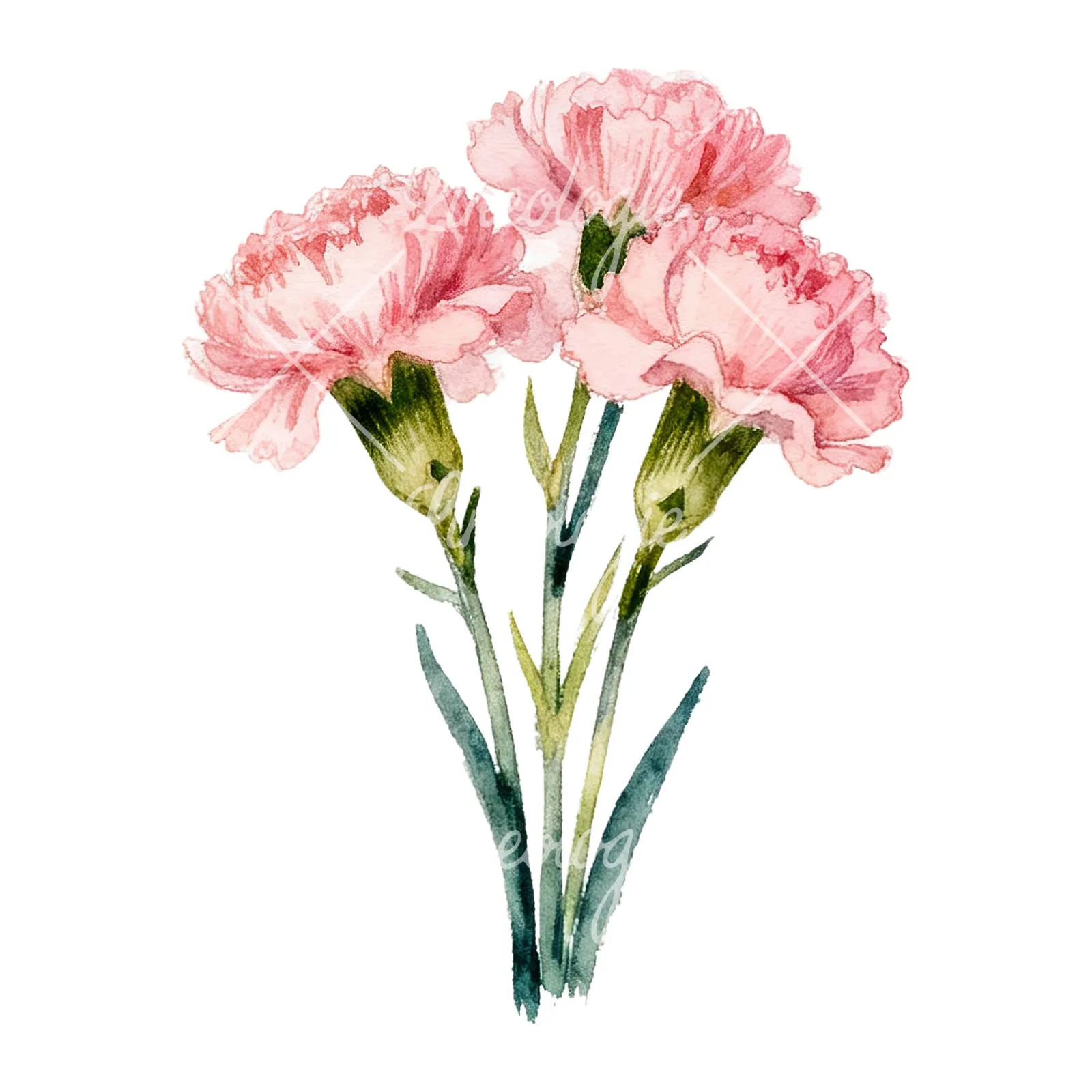 Watercolor loose pink carnation bouquet clipart 6 of 9 on a white background (JPG)