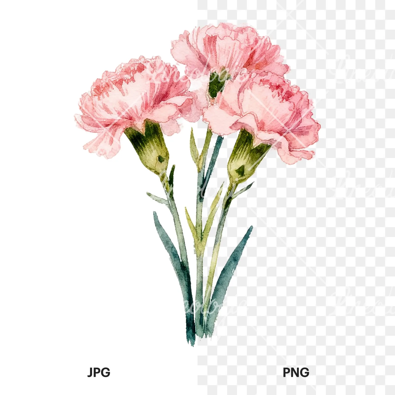 Watercolor loose pink carnation bouquet clipart 6 of 9, as a JPG on white and a transparent PNG