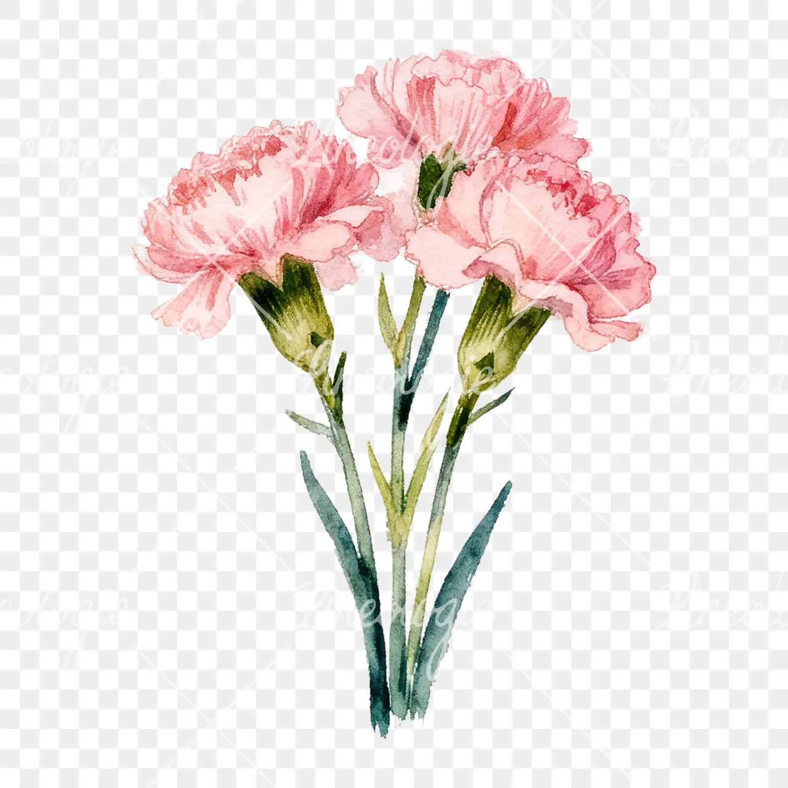 Watercolor loose pink carnation bouquet clipart 6 of 9 on a transparent background (PNG)
