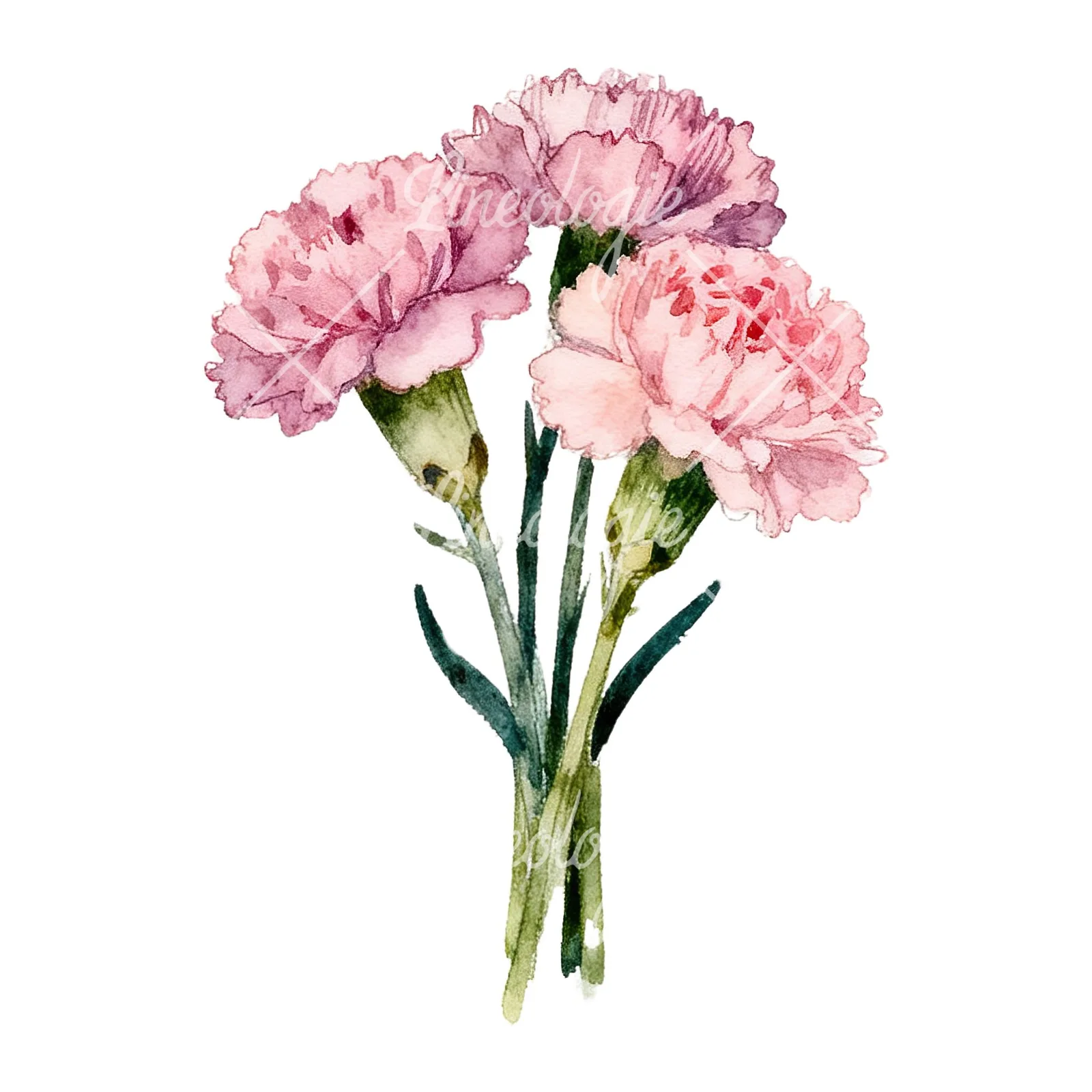 Watercolor loose pink carnation bouquet clipart 7 of 9 on a white background (JPG)