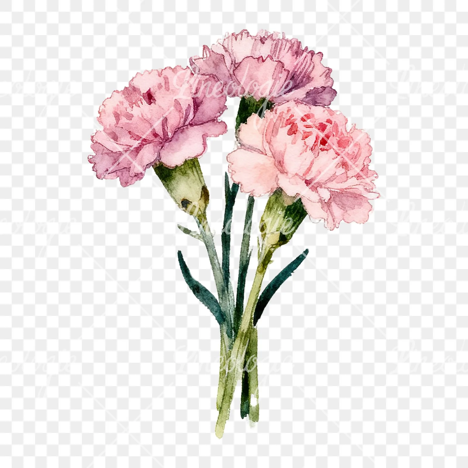 Watercolor loose pink carnation bouquet clipart 7 of 9 on a transparent background (PNG)