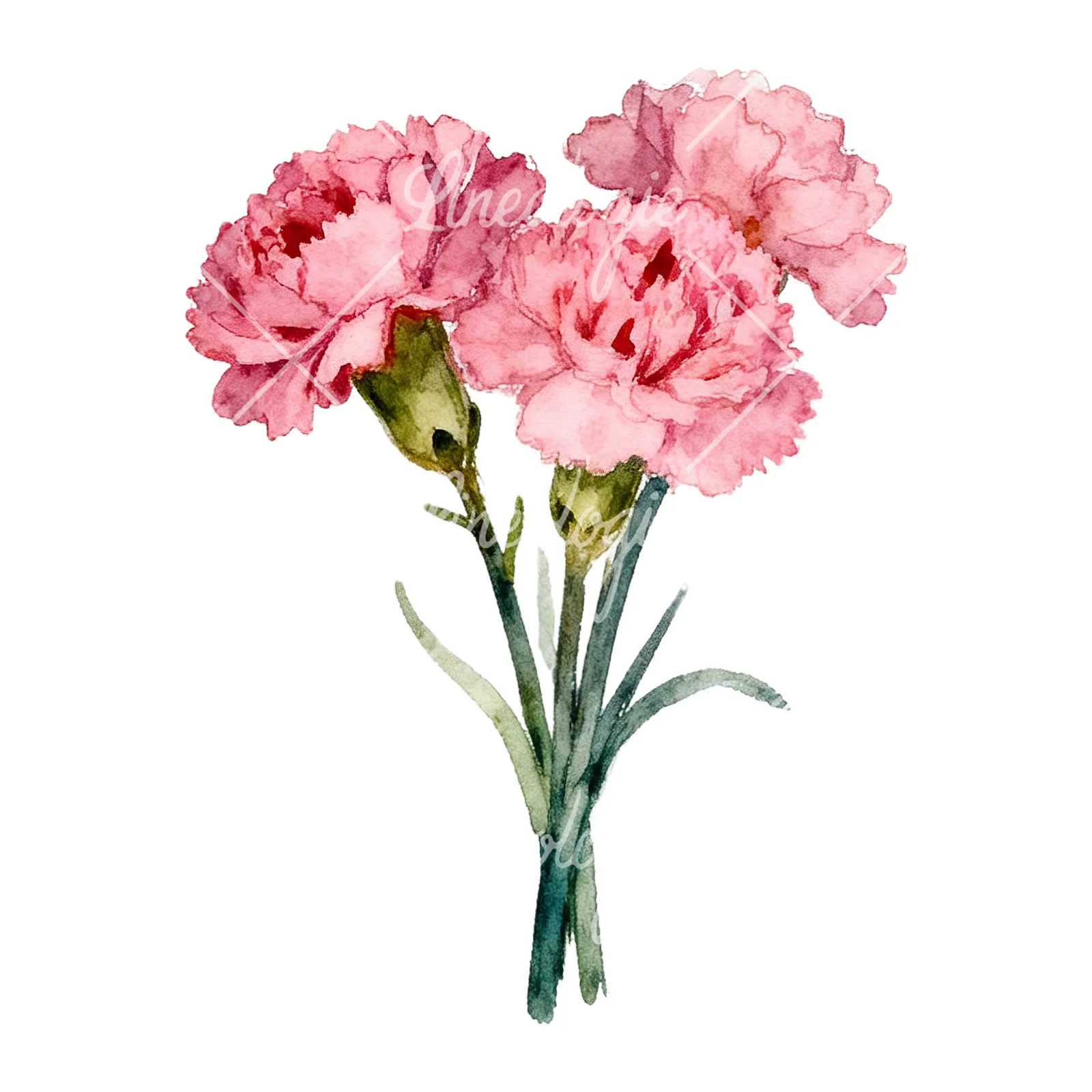 Watercolor loose pink carnation bouquet clipart 8 of 9 on a white background (JPG)