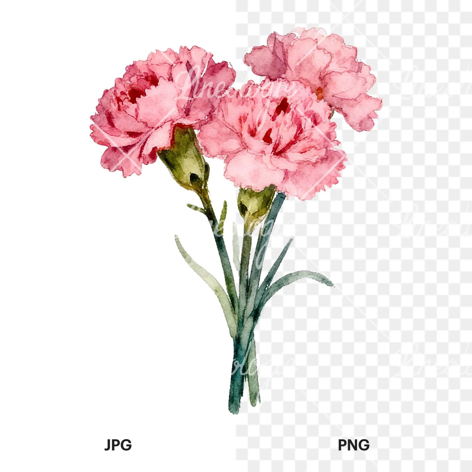 Watercolor loose pink carnation bouquet clipart 8 of 9, as a JPG on white and a transparent PNG