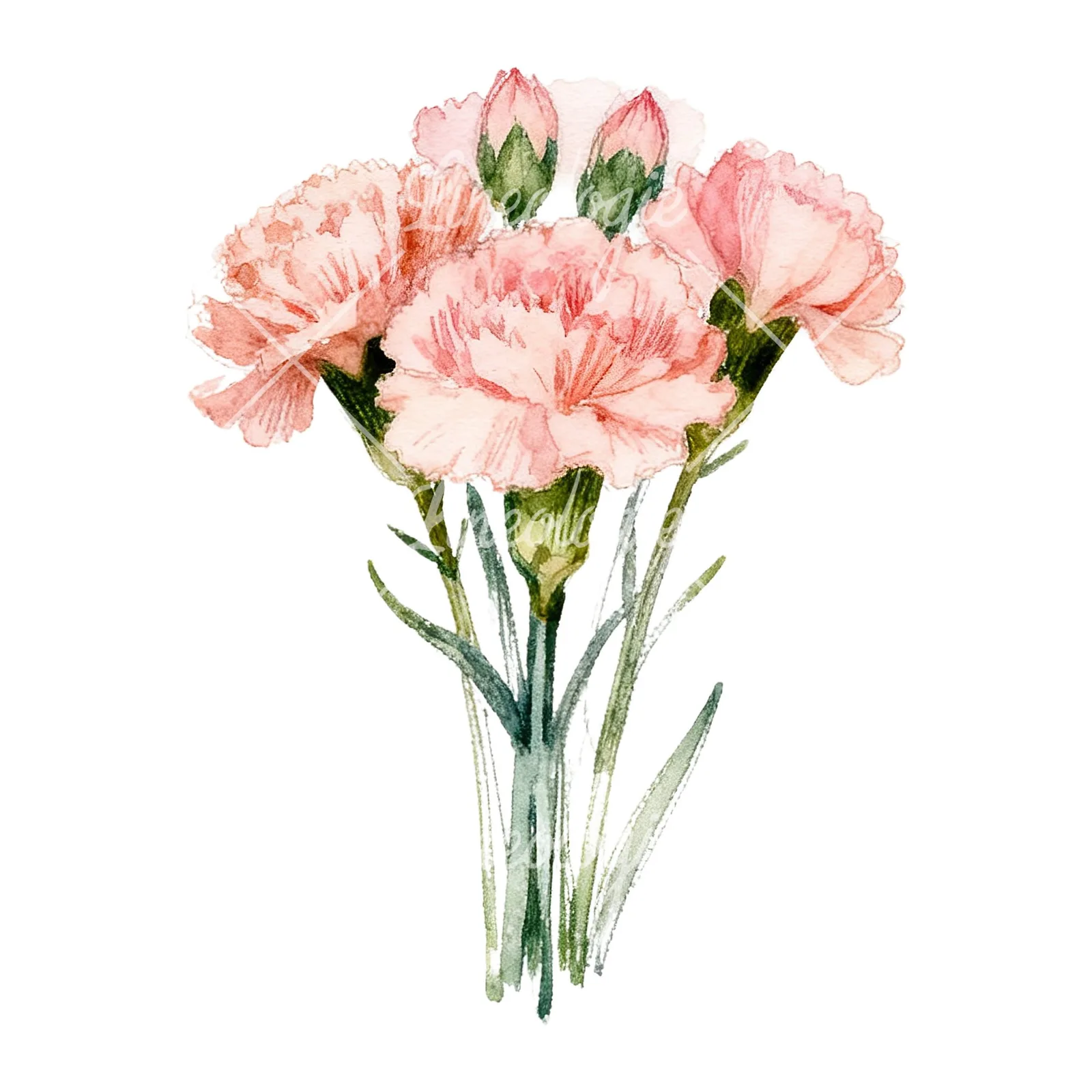 Watercolor loose pink carnation bouquet clipart 9 of 9 on a white background (JPG)
