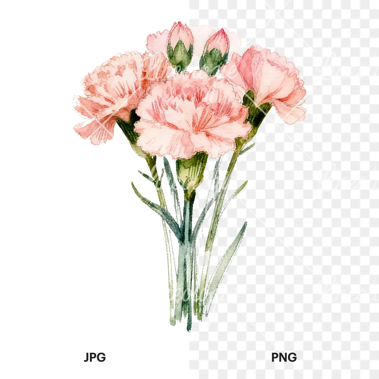 Watercolor loose pink carnation bouquet clipart 9 of 9, as a JPG on white and a transparent PNG