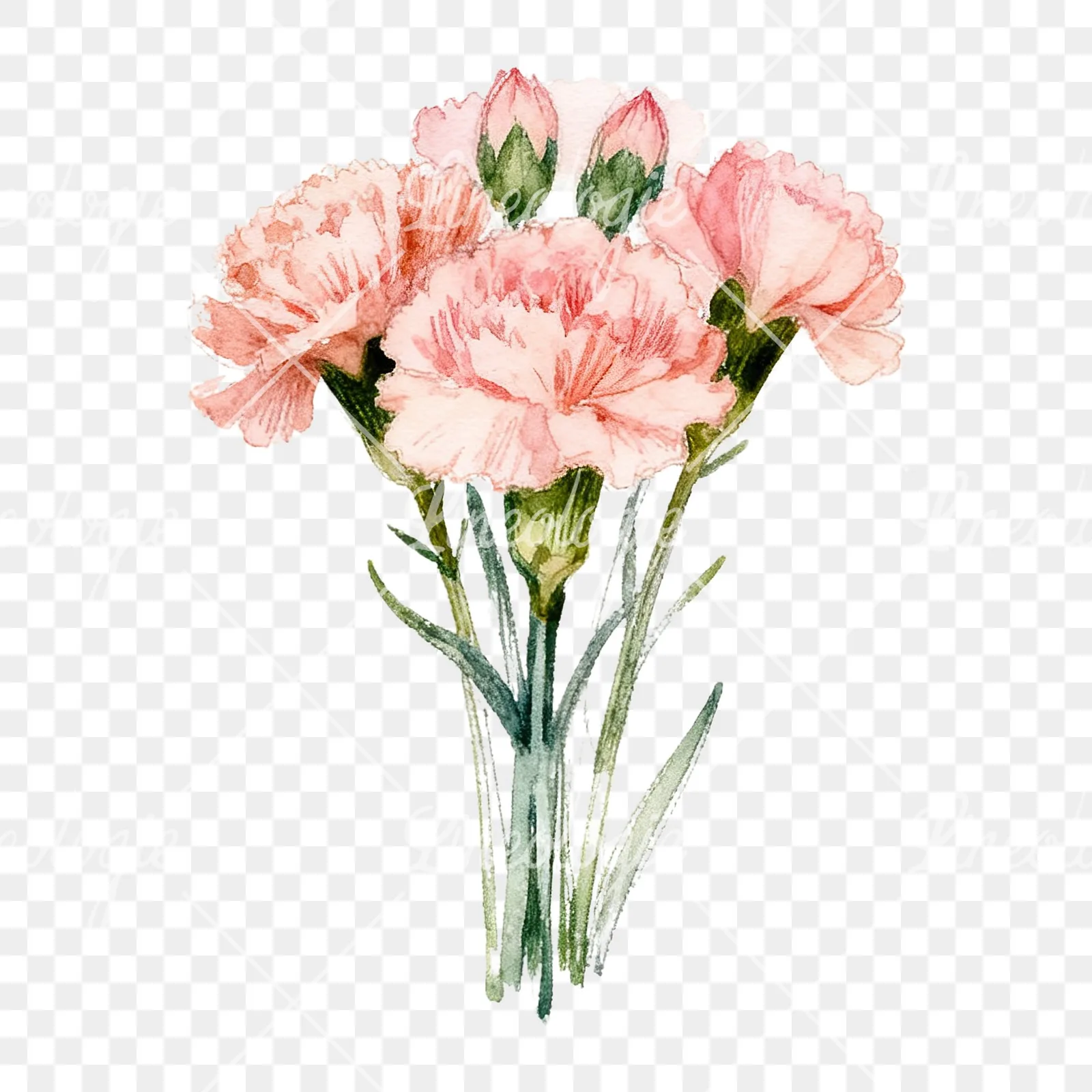 Watercolor loose pink carnation bouquet clipart 9 of 9 on a transparent background (PNG)