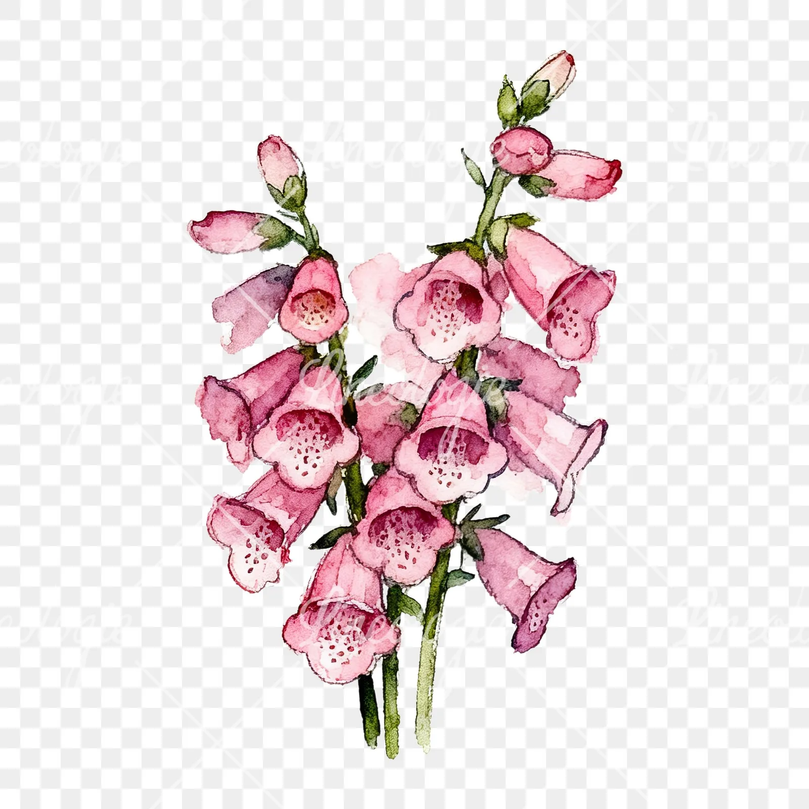 Watercolor pink foxglove bouquet clipart 2 of 9 on a transparent background (PNG)