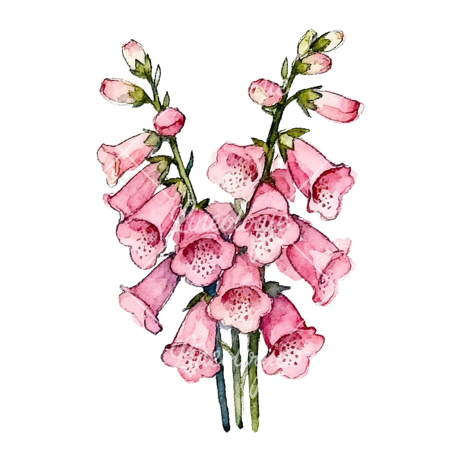 Watercolor pink foxglove bouquet clipart 3 of 9 on a white background (JPG)