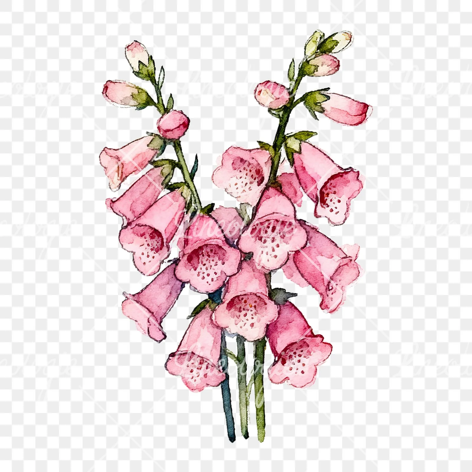 Watercolor pink foxglove bouquet clipart 3 of 9 on a transparent background (PNG)
