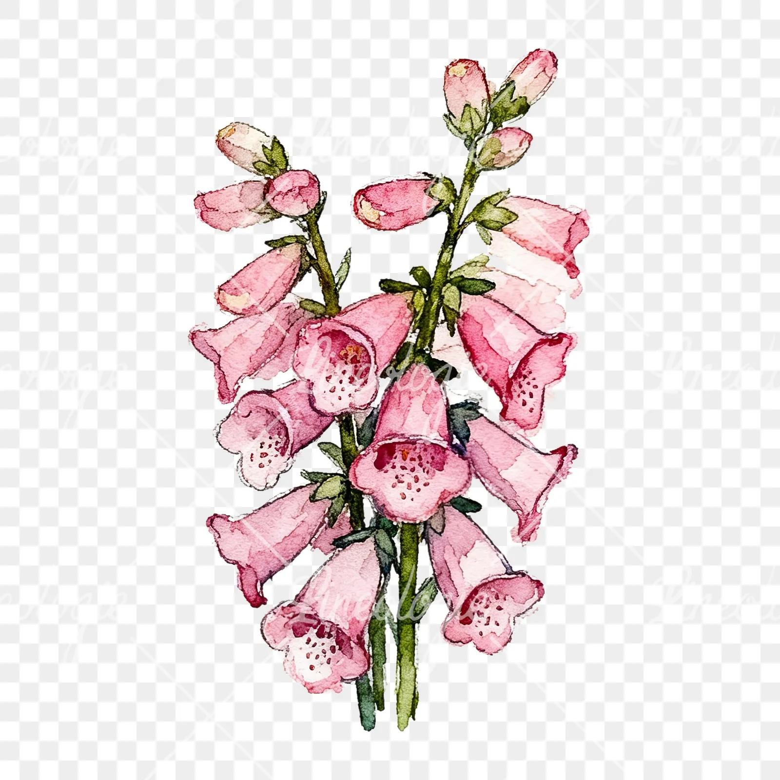 Watercolor pink foxglove bouquet clipart 5 of 9 on a transparent background (PNG)