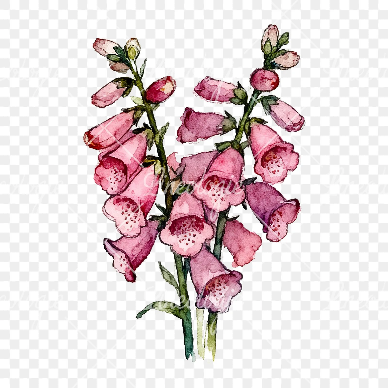 Watercolor pink foxglove bouquet clipart 7 of 9 on a transparent background (PNG)