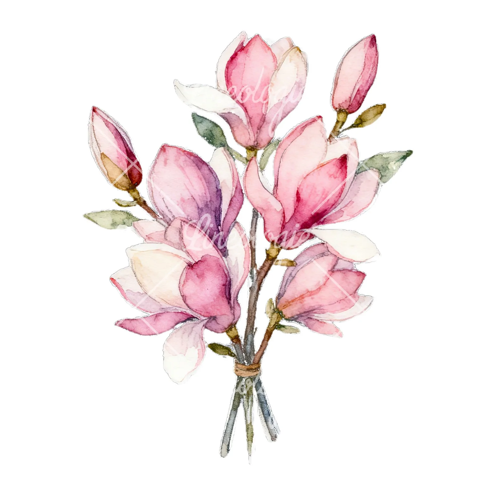 Watercolor loose pink magnolia bouquet clipart 1 of 9 on a white background (JPG)