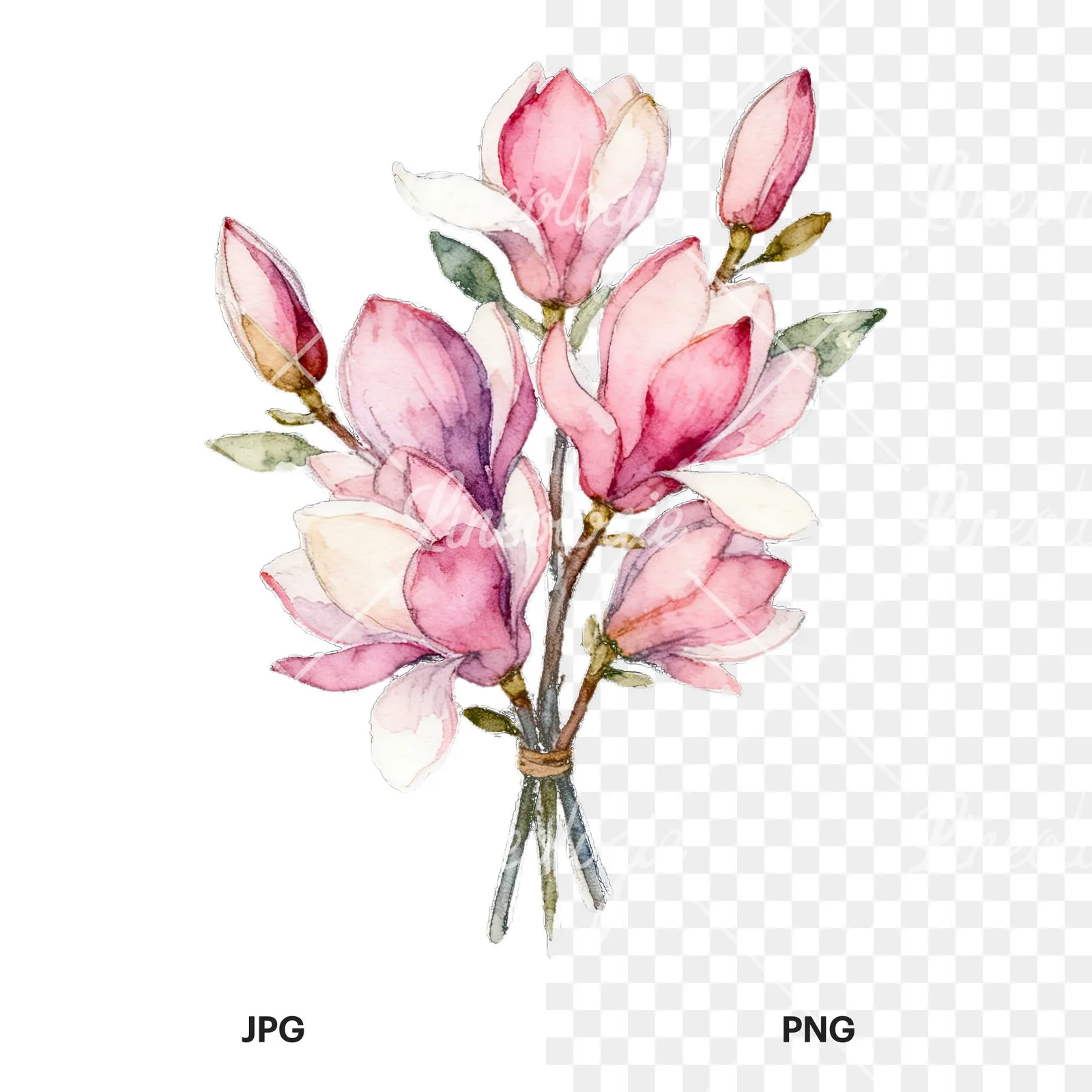 Watercolor loose pink magnolia bouquet clipart 1 of 9, as a JPG on white and a transparent PNG