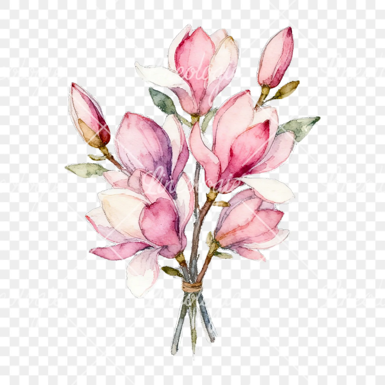 Watercolor loose pink magnolia bouquet clipart 1 of 9 on a transparent background (PNG)