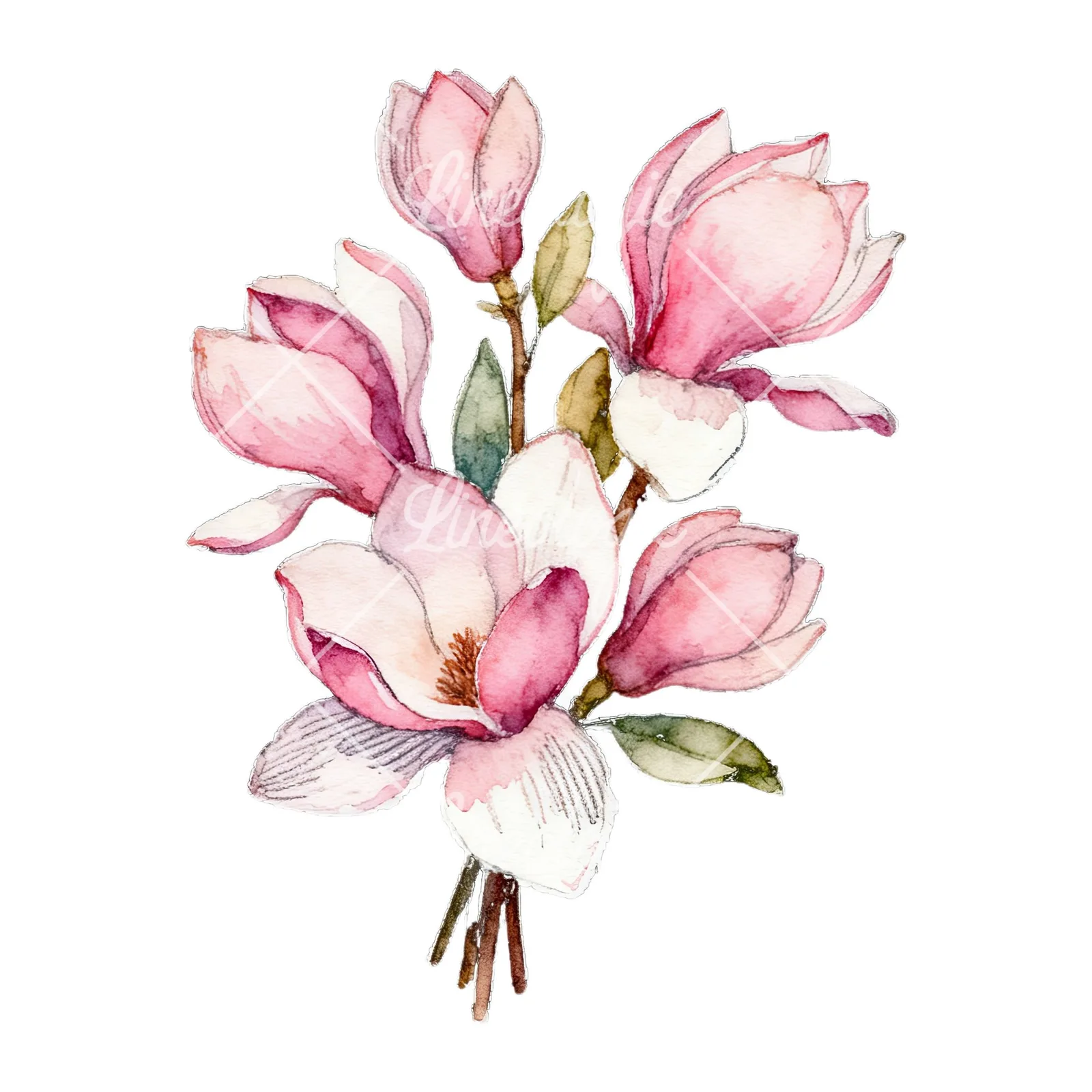 Watercolor loose pink magnolia bouquet clipart 2 of 9 on a white background (JPG)