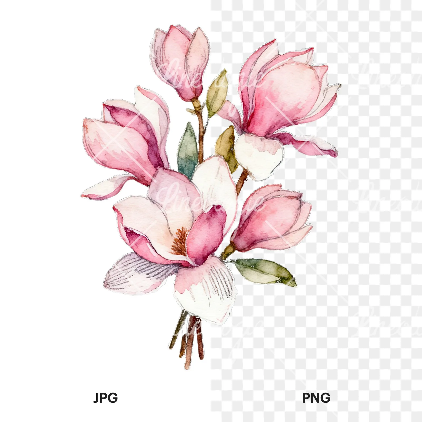 Watercolor loose pink magnolia bouquet clipart 2 of 9, as a JPG on white and a transparent PNG