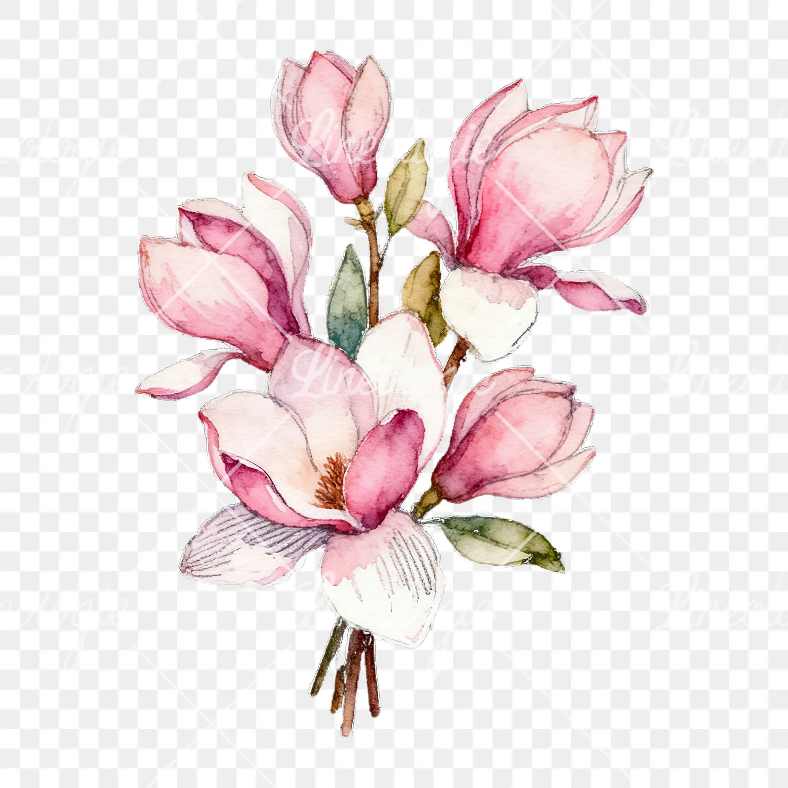 Watercolor loose pink magnolia bouquet clipart 2 of 9 on a transparent background (PNG)
