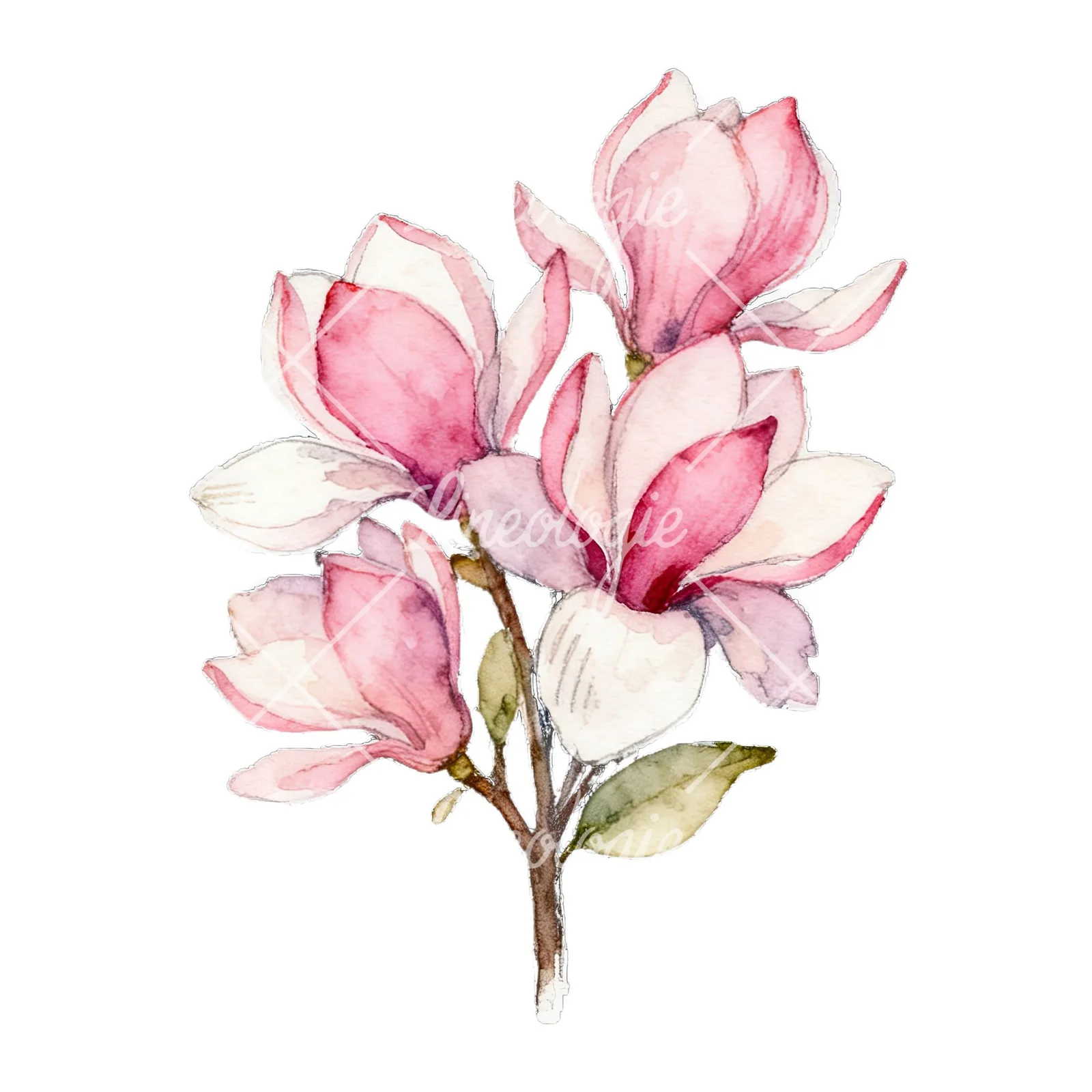 Watercolor loose pink magnolia bouquet clipart 3 of 9 on a white background (JPG)