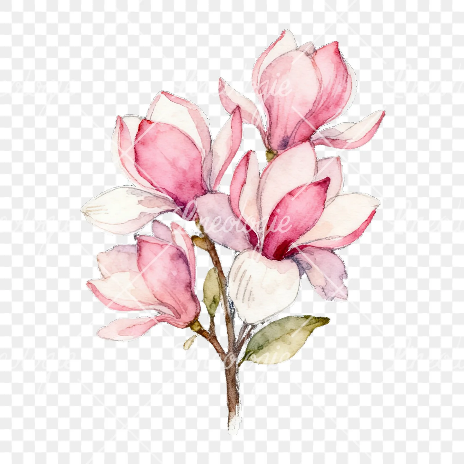 Watercolor loose pink magnolia bouquet clipart 3 of 9 on a transparent background (PNG)