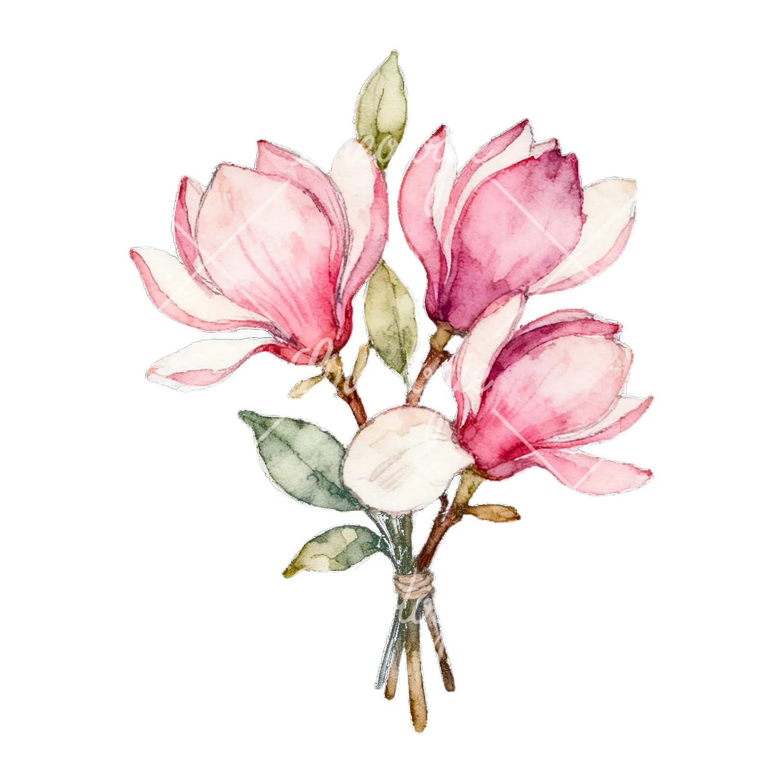 Watercolor loose pink magnolia bouquet clipart 4 of 9 on a white background (JPG)