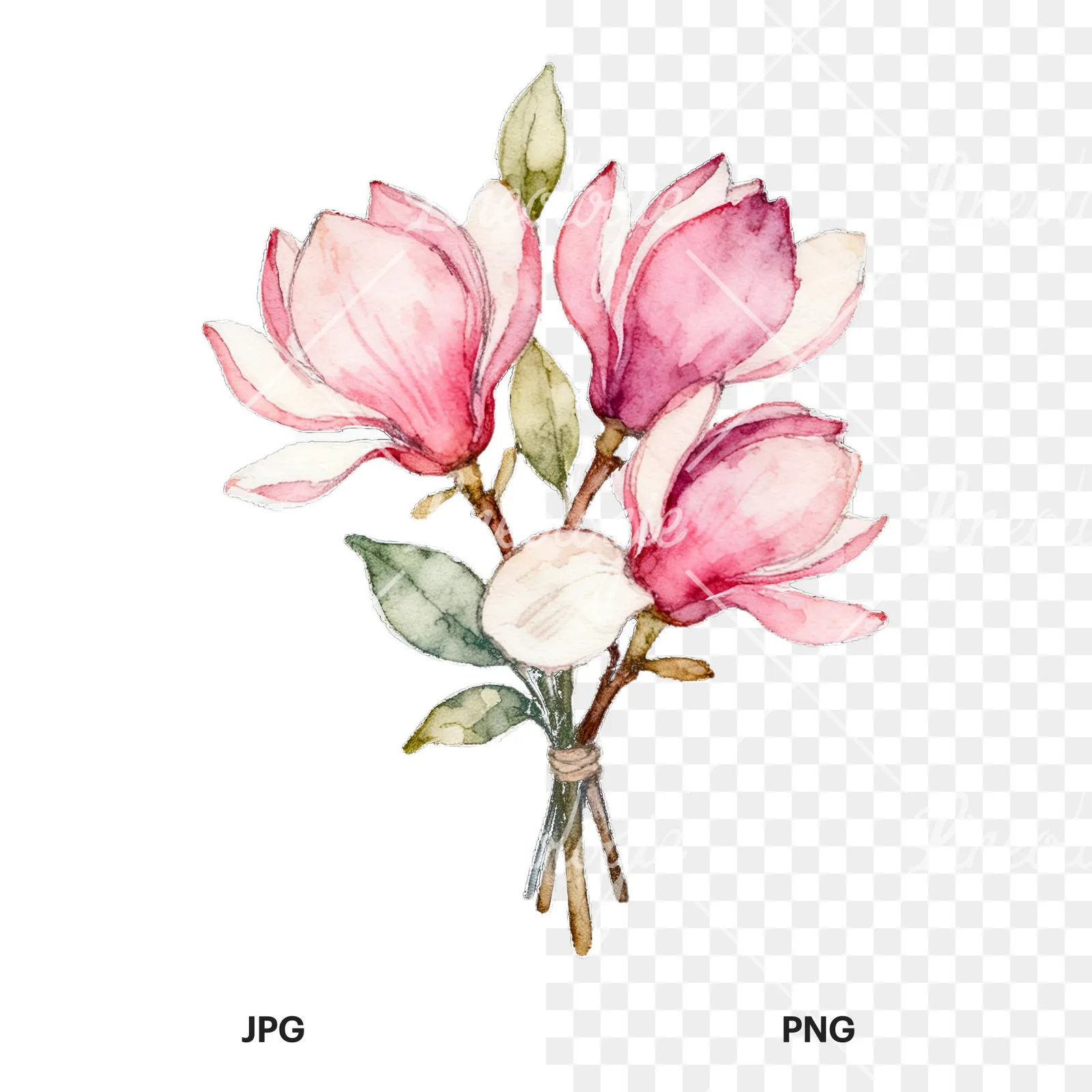 Watercolor loose pink magnolia bouquet clipart 4 of 9, as a JPG on white and a transparent PNG