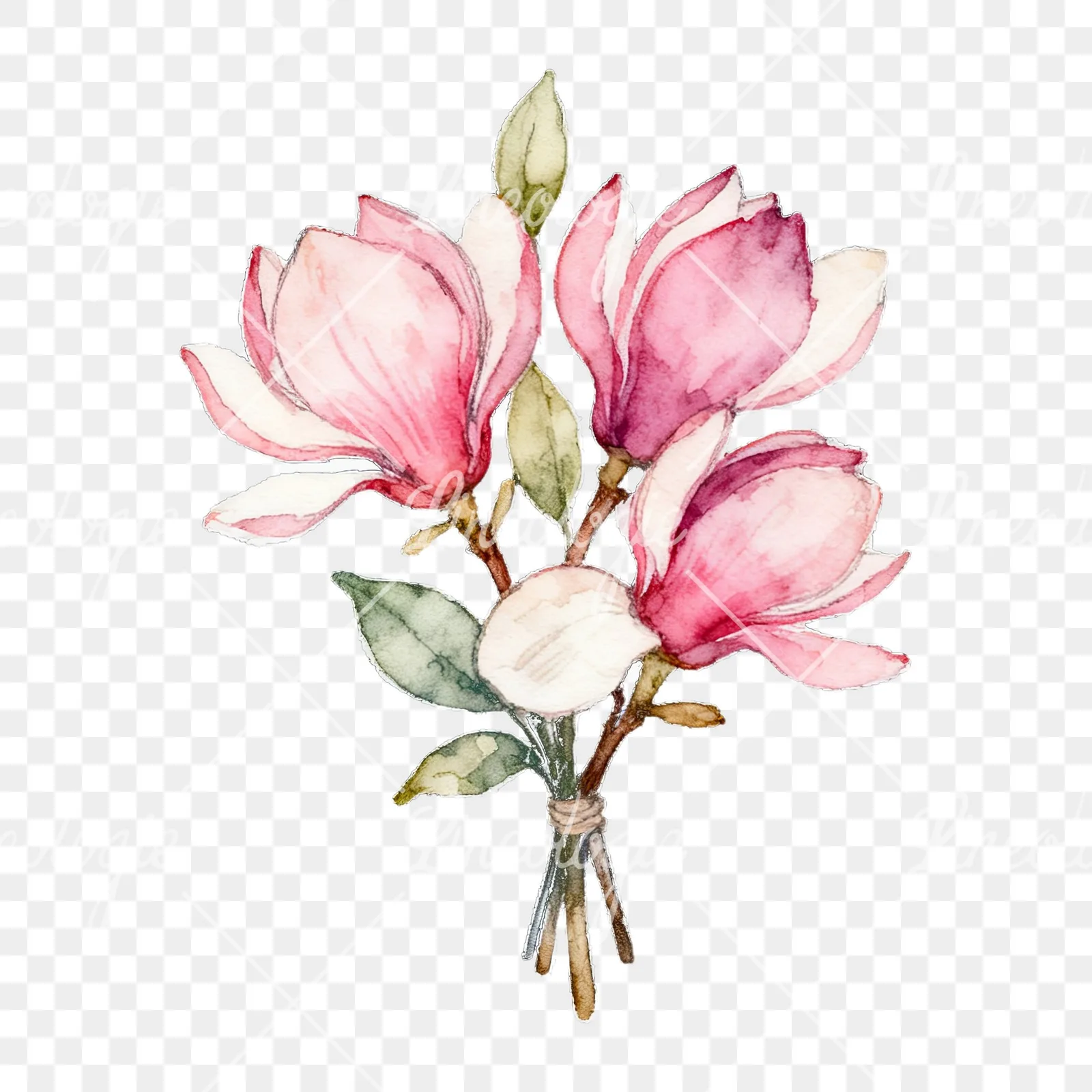 Watercolor loose pink magnolia bouquet clipart 4 of 9 on a transparent background (PNG)