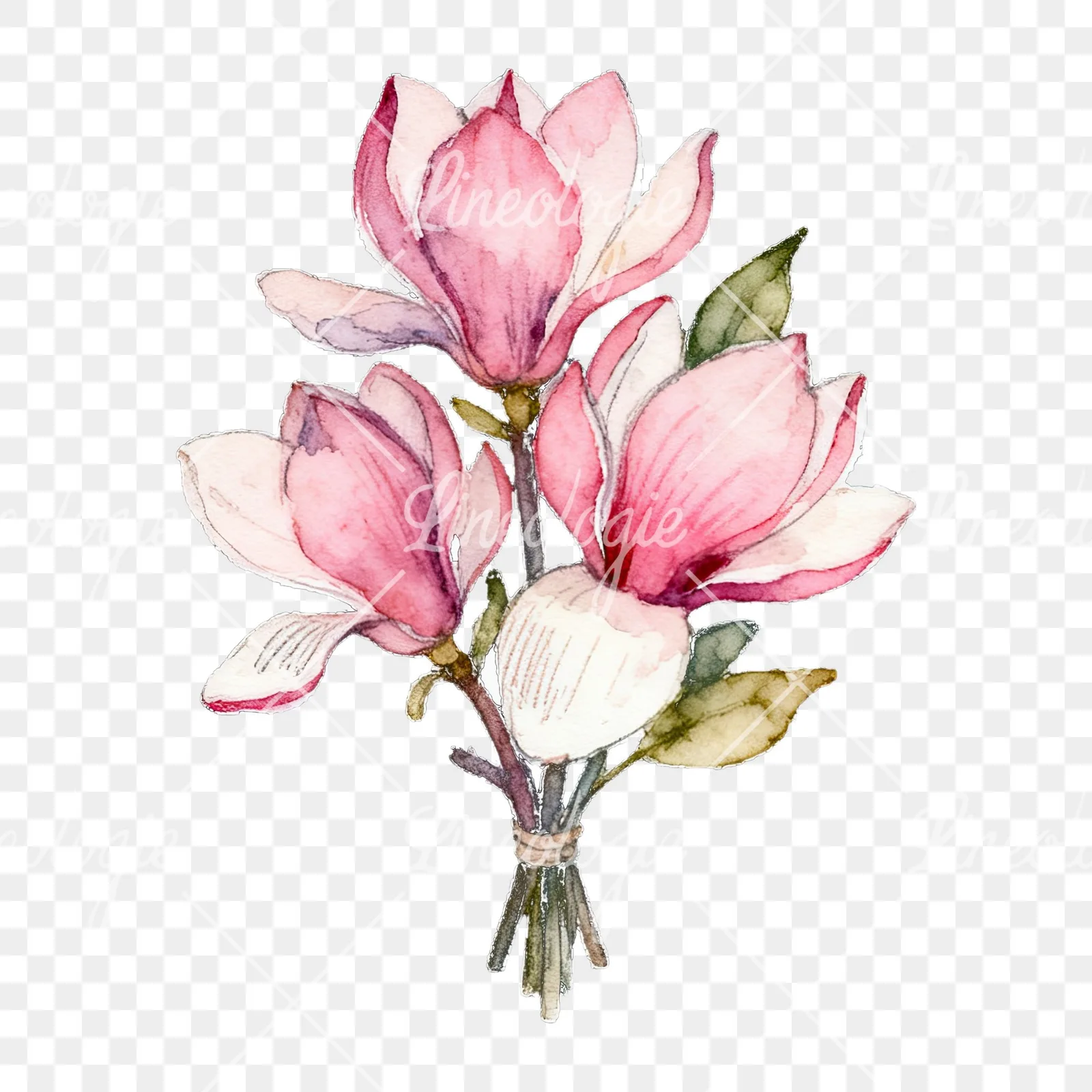 Watercolor loose pink magnolia bouquet clipart 5 of 9 on a transparent background (PNG)