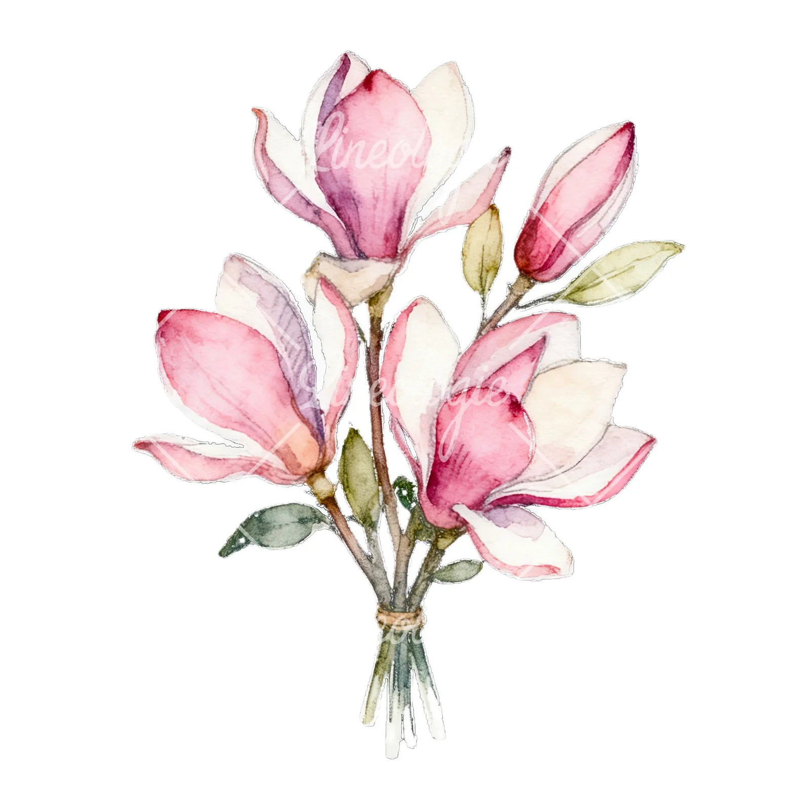 Watercolor loose pink magnolia bouquet clipart 6 of 9 on a white background (JPG)
