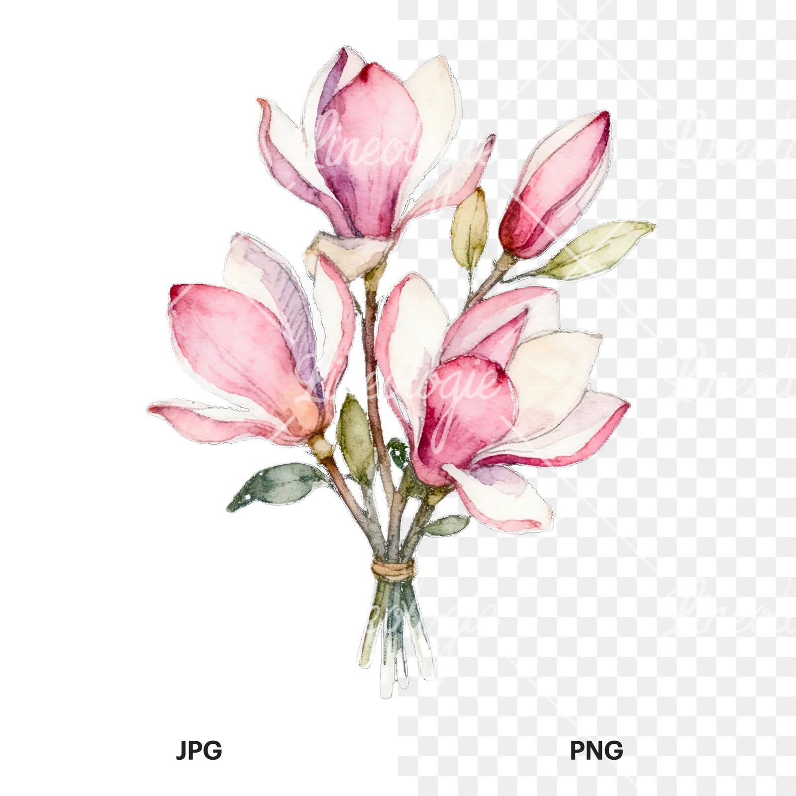 Watercolor loose pink magnolia bouquet clipart 6 of 9, as a JPG on white and a transparent PNG