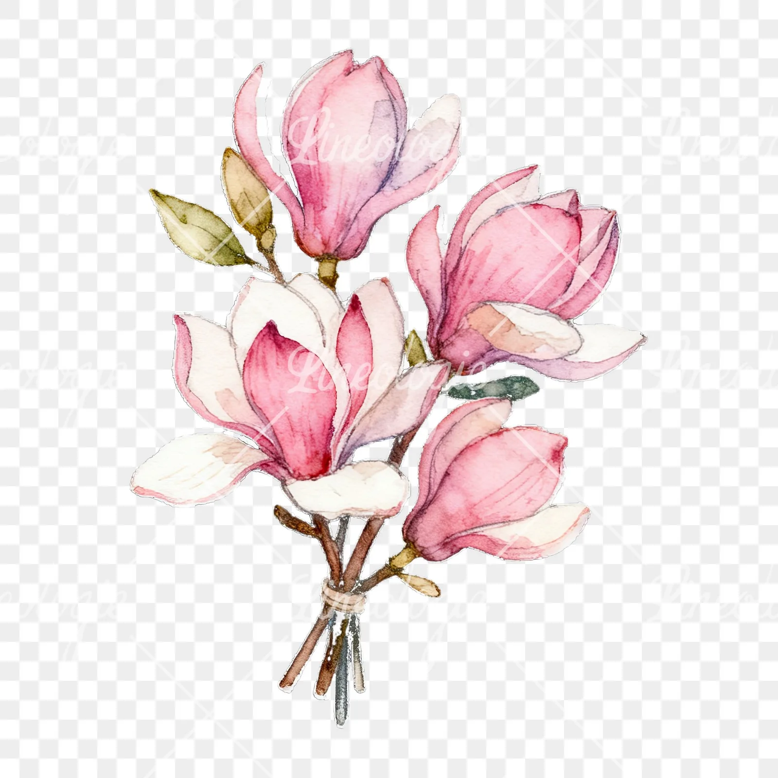 Watercolor loose pink magnolia bouquet clipart 7 of 9 on a transparent background (PNG)