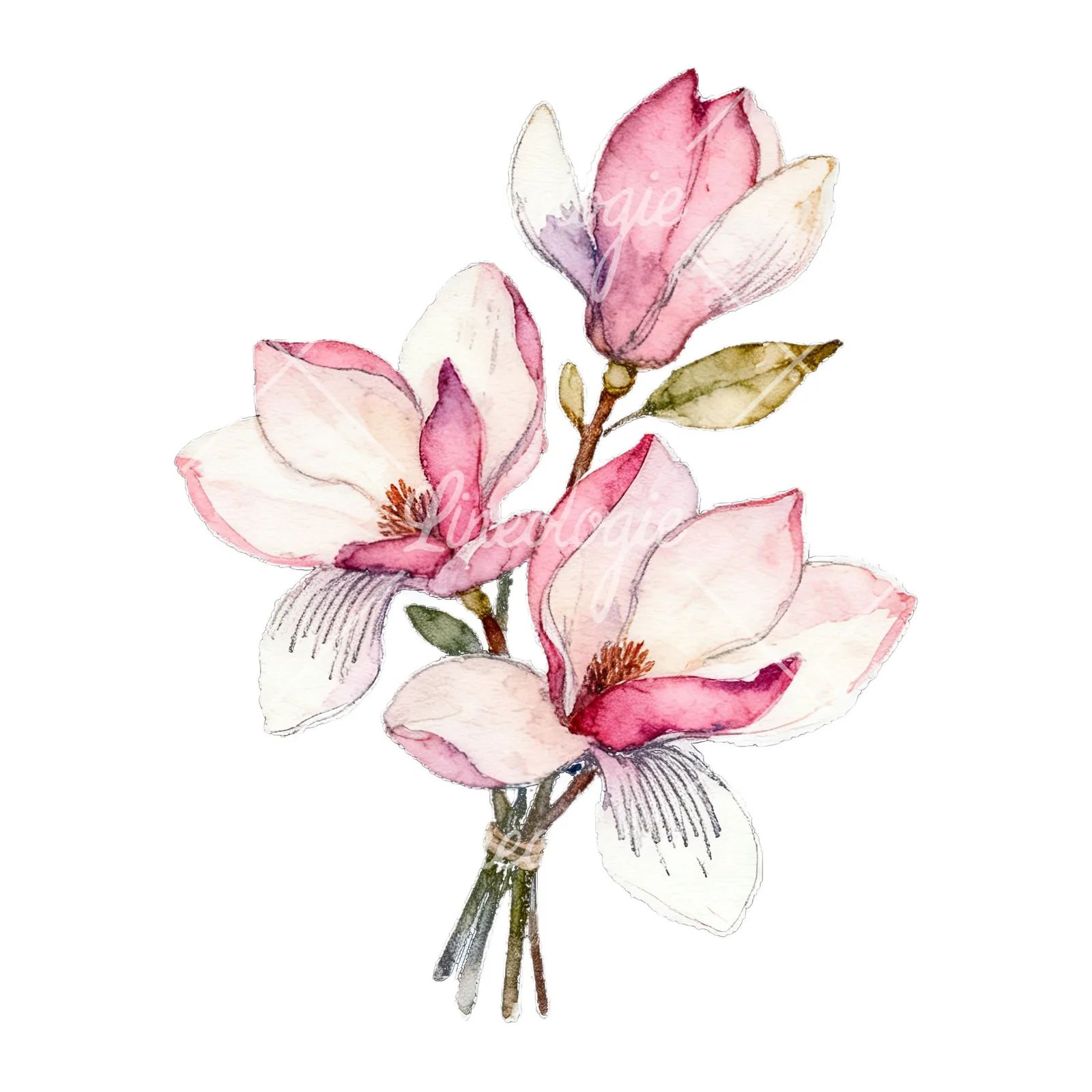 Watercolor loose pink magnolia bouquet clipart 8 of 9 on a white background (JPG)