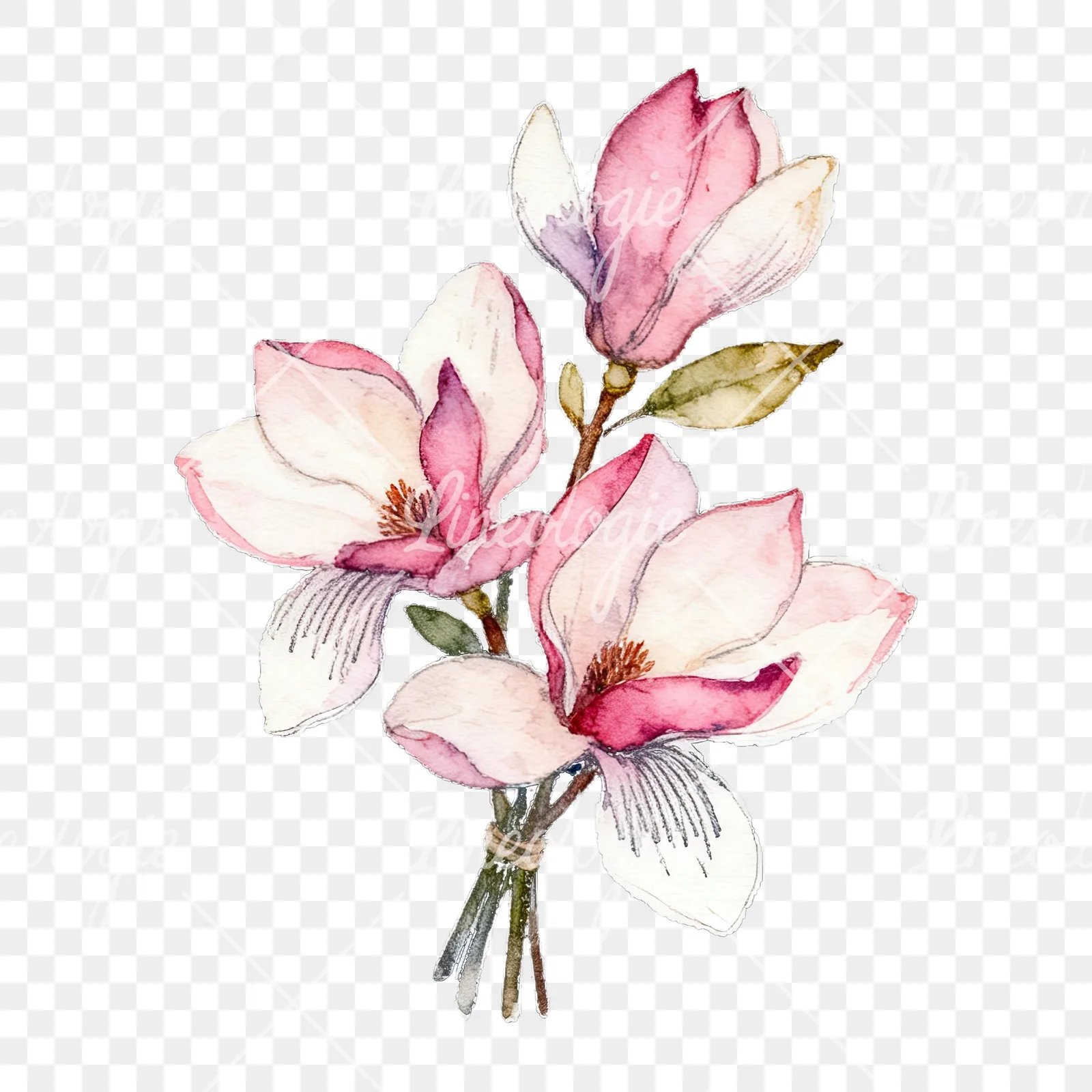 Watercolor loose pink magnolia bouquet clipart 8 of 9 on a transparent background (PNG)