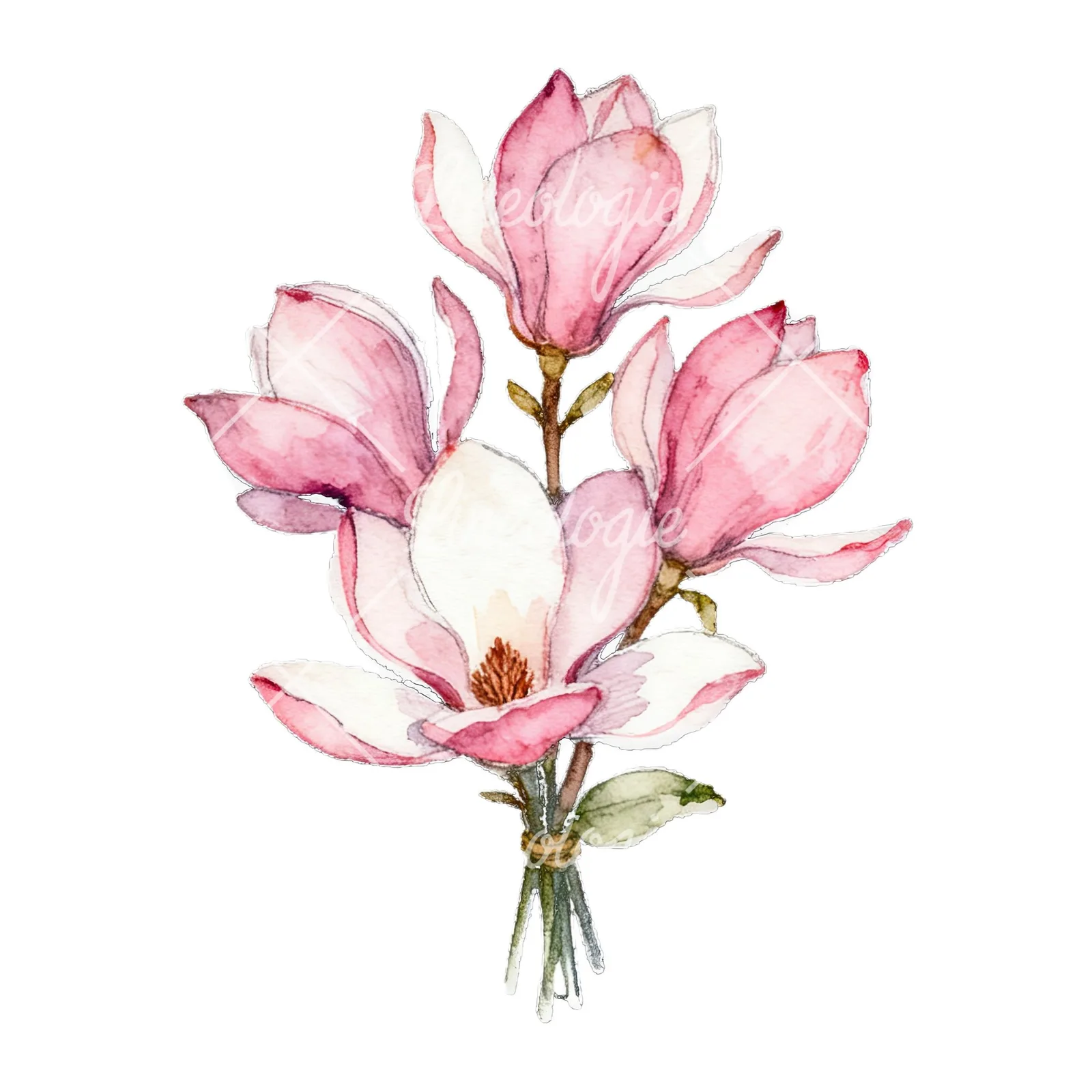 Watercolor loose pink magnolia bouquet clipart 9 of 9 on a white background (JPG)