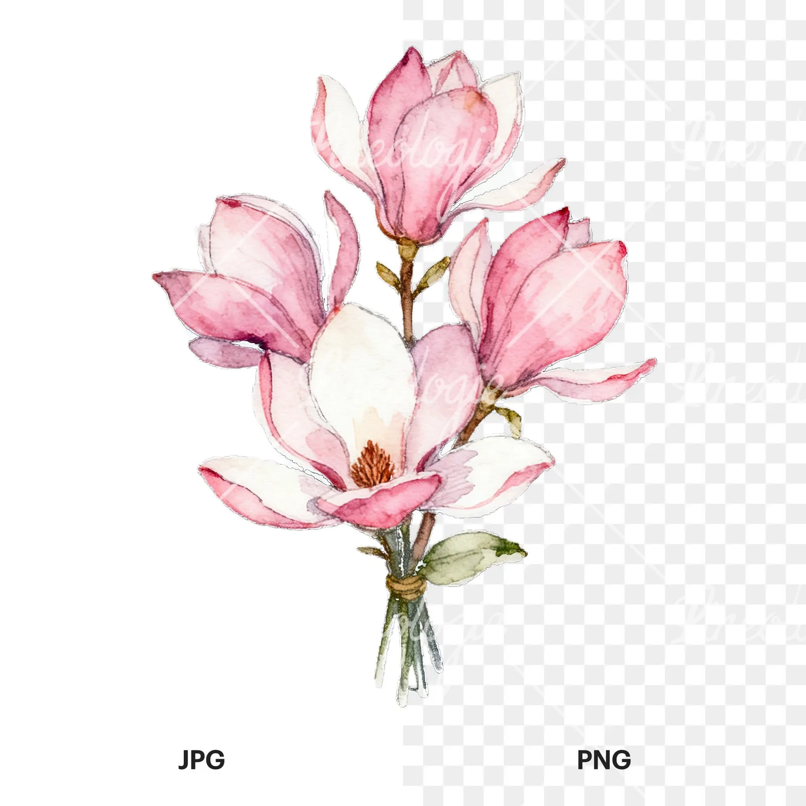 Watercolor loose pink magnolia bouquet clipart 9 of 9, as a JPG on white and a transparent PNG