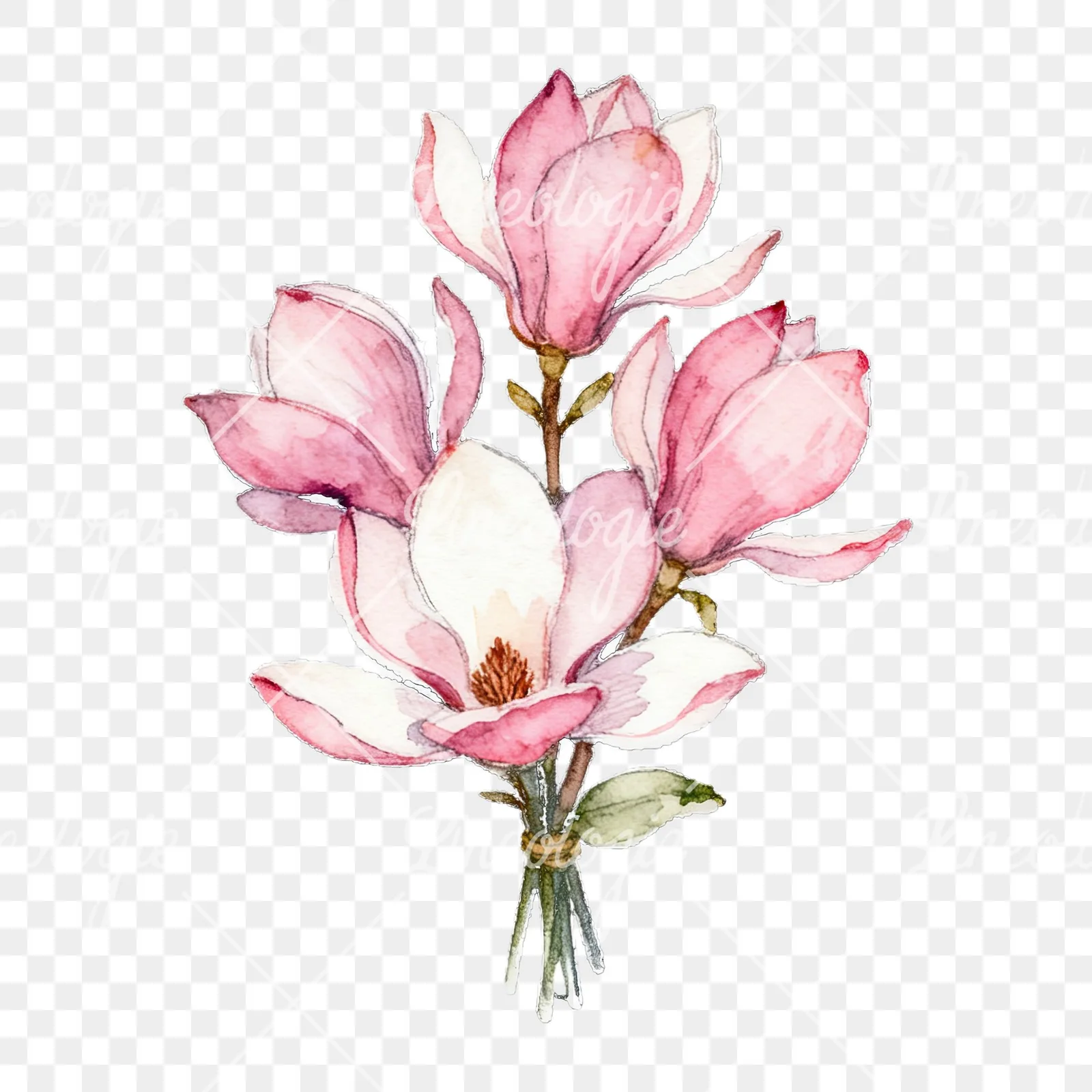 Watercolor loose pink magnolia bouquet clipart 9 of 9 on a transparent background (PNG)