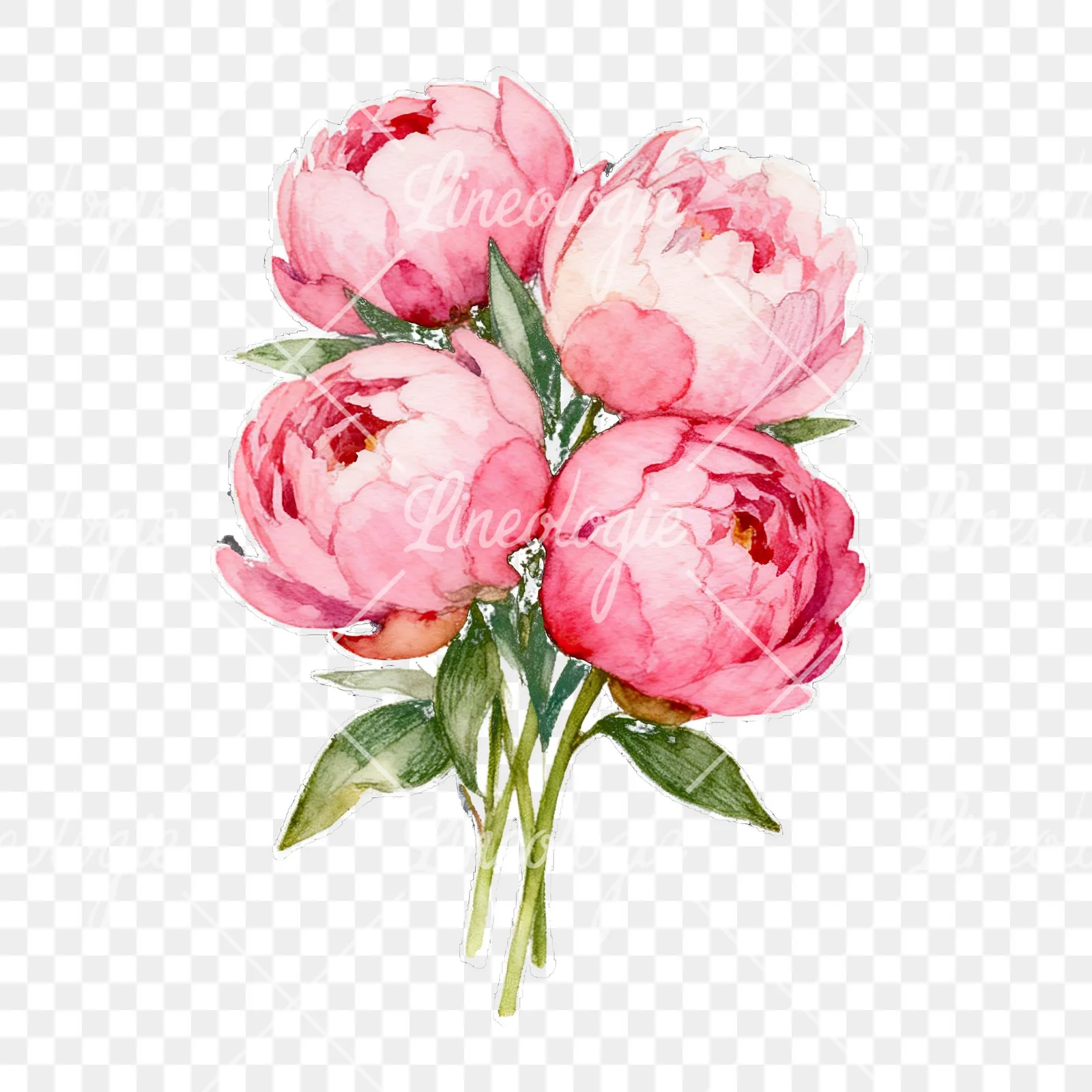 Watercolor loose pink peony bouquet clipart 1 of 9 on a transparent background (PNG)