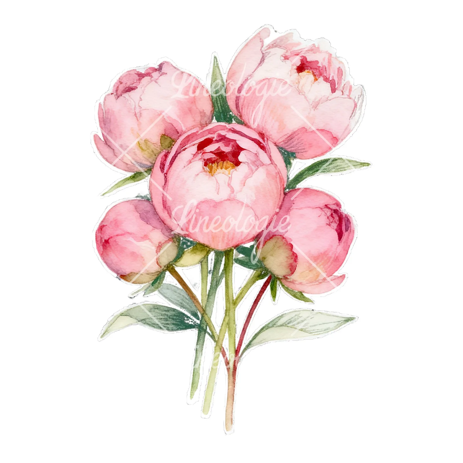 Watercolor loose pink peony bouquet clipart 2 of 9 on a white background (JPG)