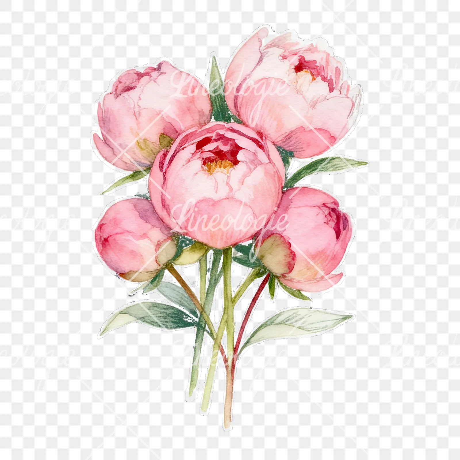 Watercolor loose pink peony bouquet clipart 2 of 9 on a transparent background (PNG)