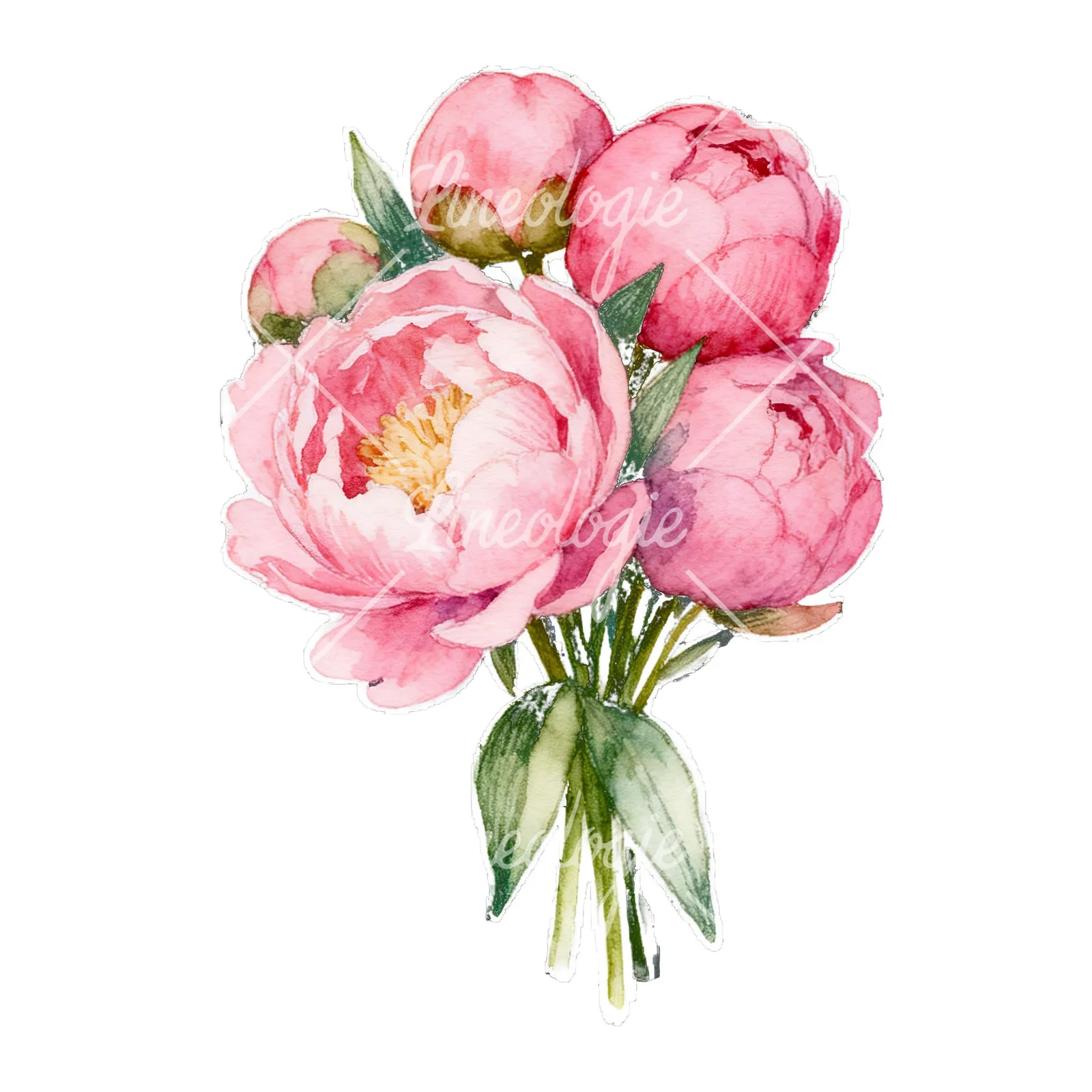 Watercolor loose pink peony bouquet clipart 3 of 9 on a white background (JPG)